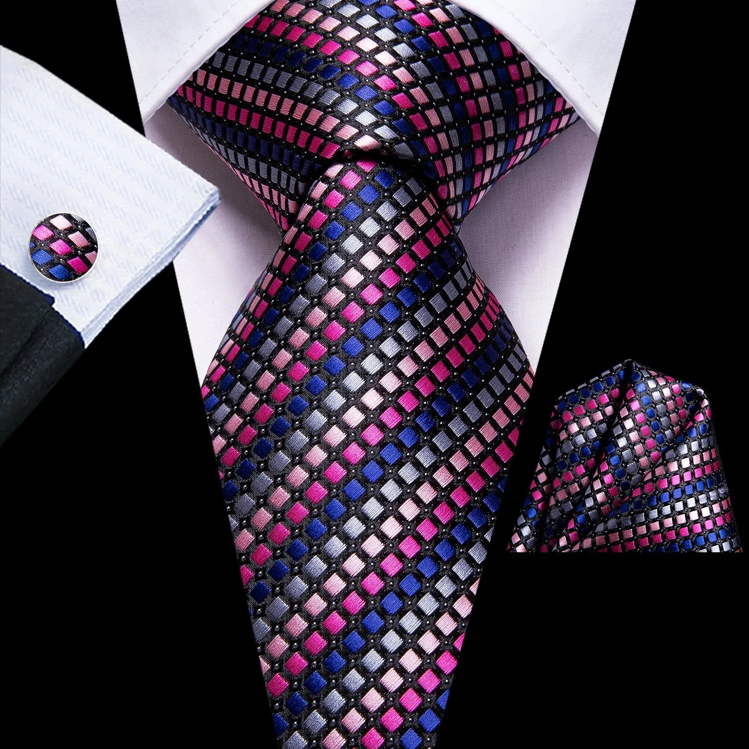 Pink Blue Striped Novelty Tie Pocket Square Cufflinks Set with Wedding Brooch