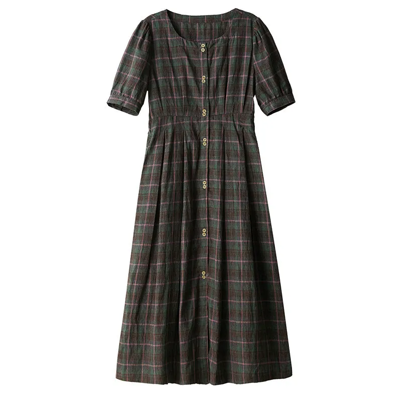 Plaid Linen Women Dresses Shirt  Sleeves V Neck Shirt Button Dresses XH9614