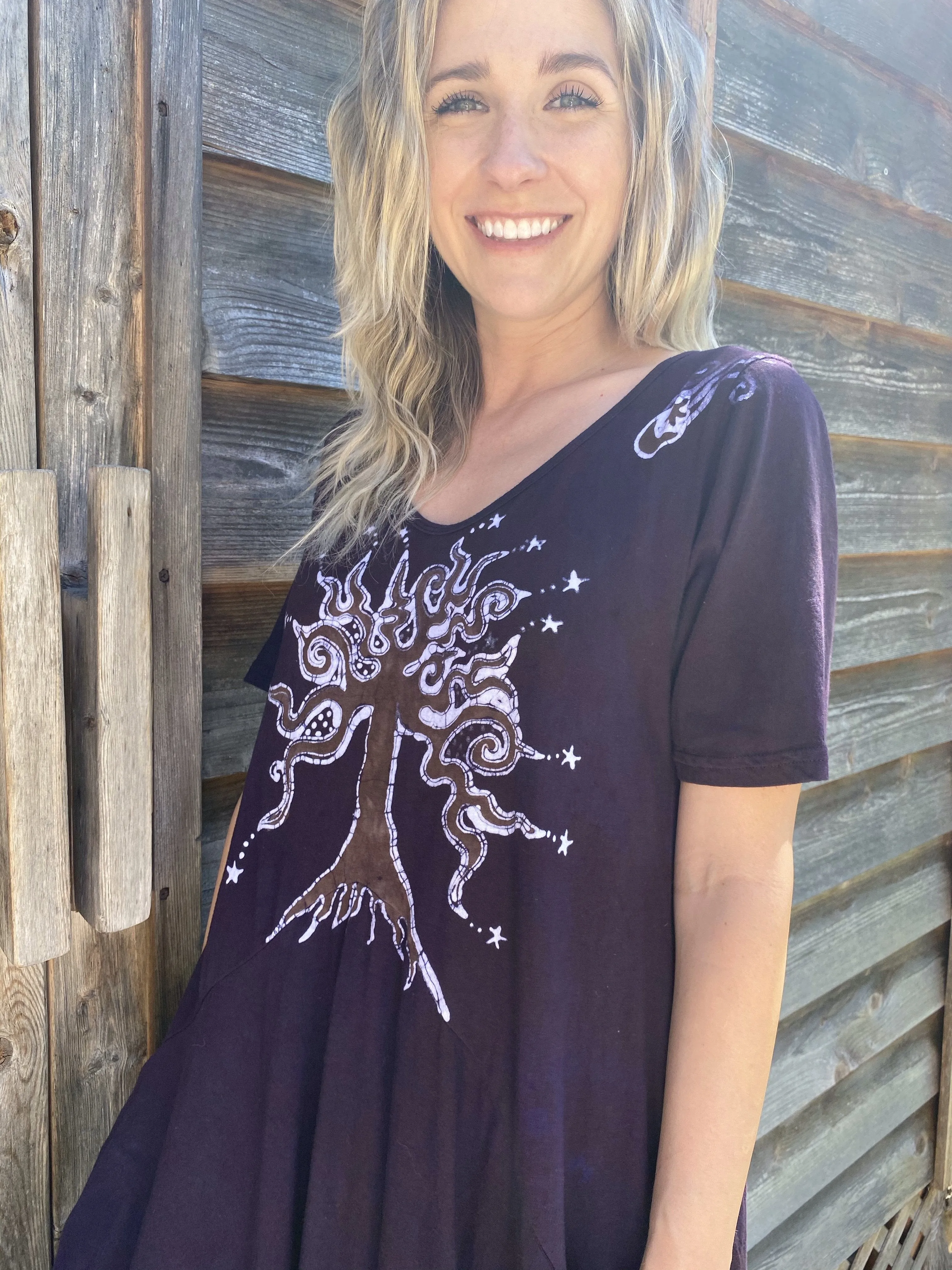 Plum Tree Moonlight Dancer in Deep Purple - Short Sleeve Batik Dress