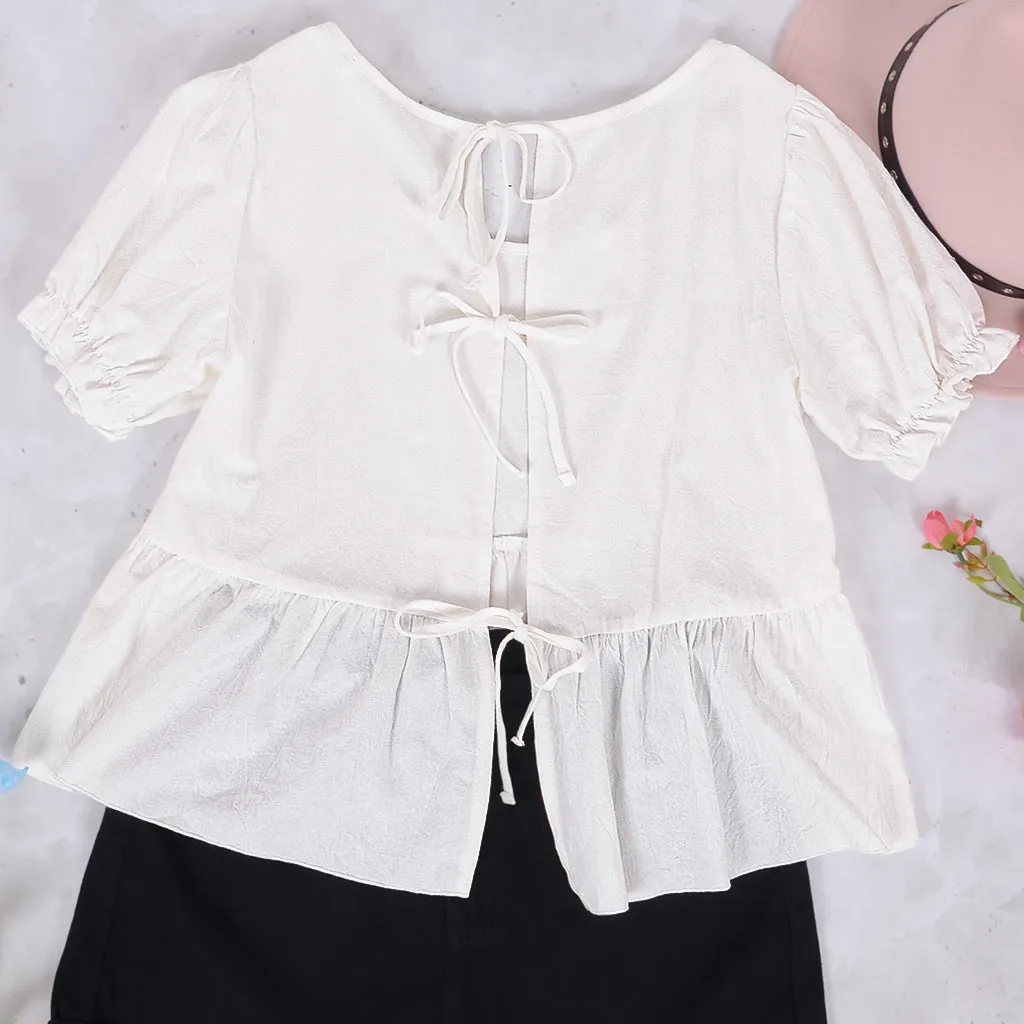 Puff Sleeve Ribbon Back Blouse