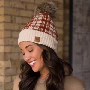 Pumpkin Rust Plaid Knit Faux Fur Pompom Lined Women's Knit Winter Beanie Hat