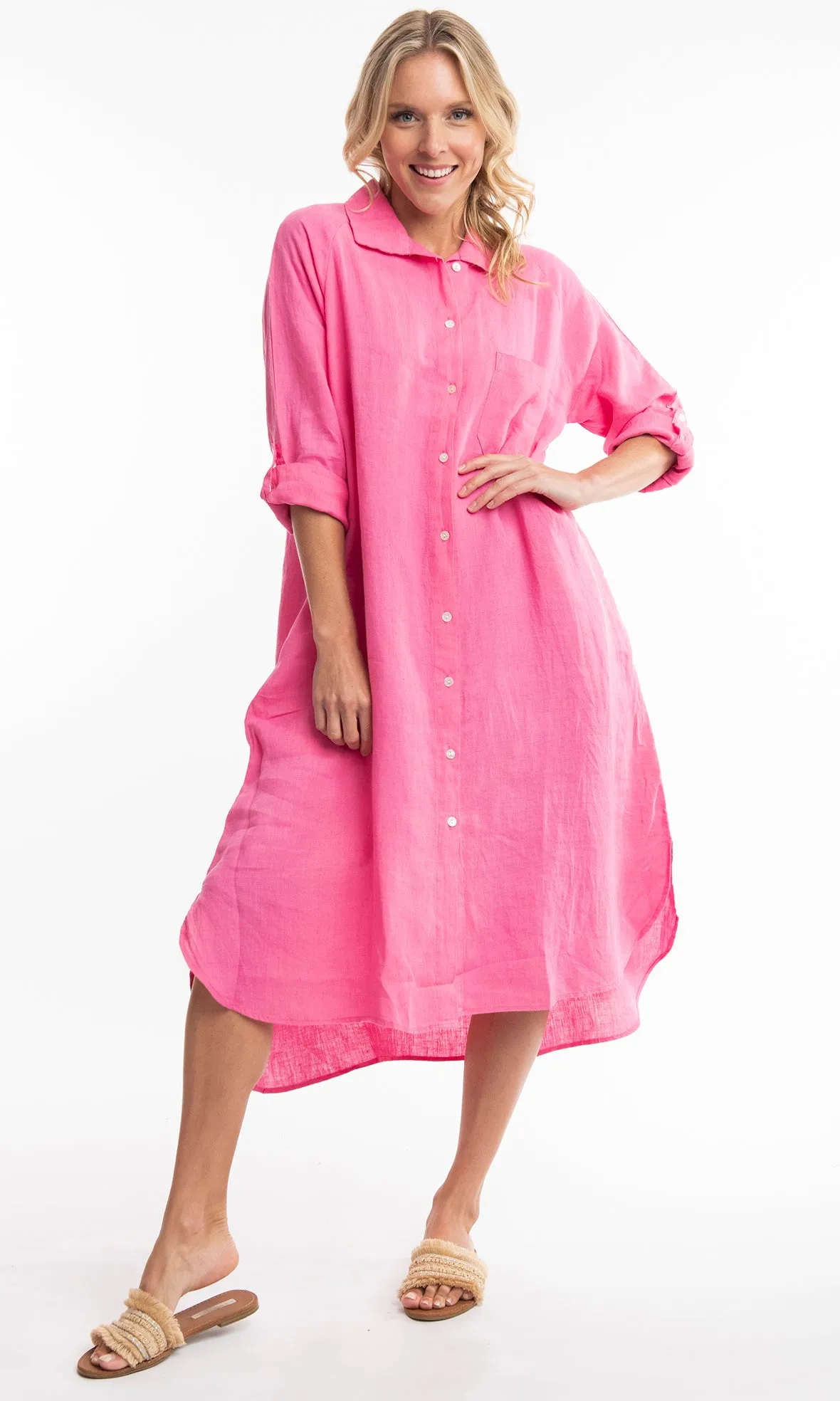 Pure Linen Shirt Dress Solid, More Colours