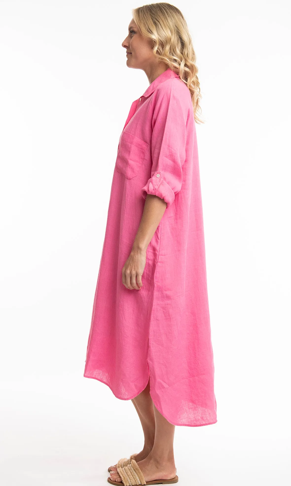 Pure Linen Shirt Dress Solid, More Colours