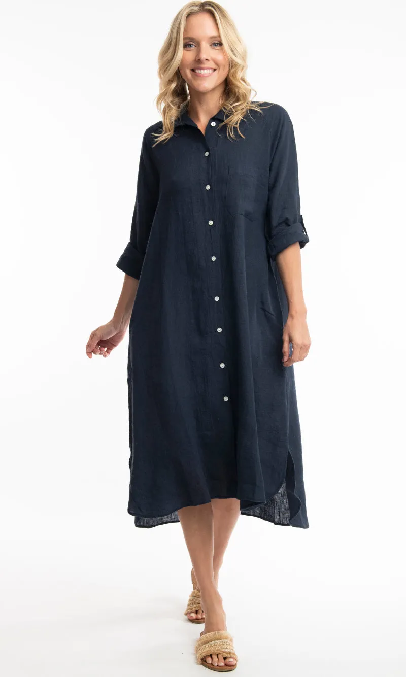 Pure Linen Shirt Dress Solid, More Colours