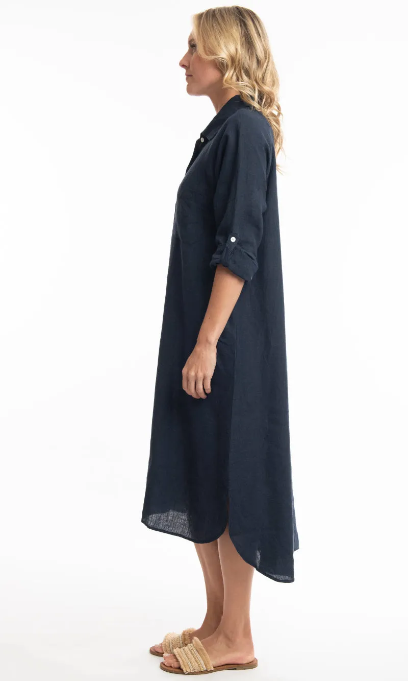 Pure Linen Shirt Dress Solid, More Colours