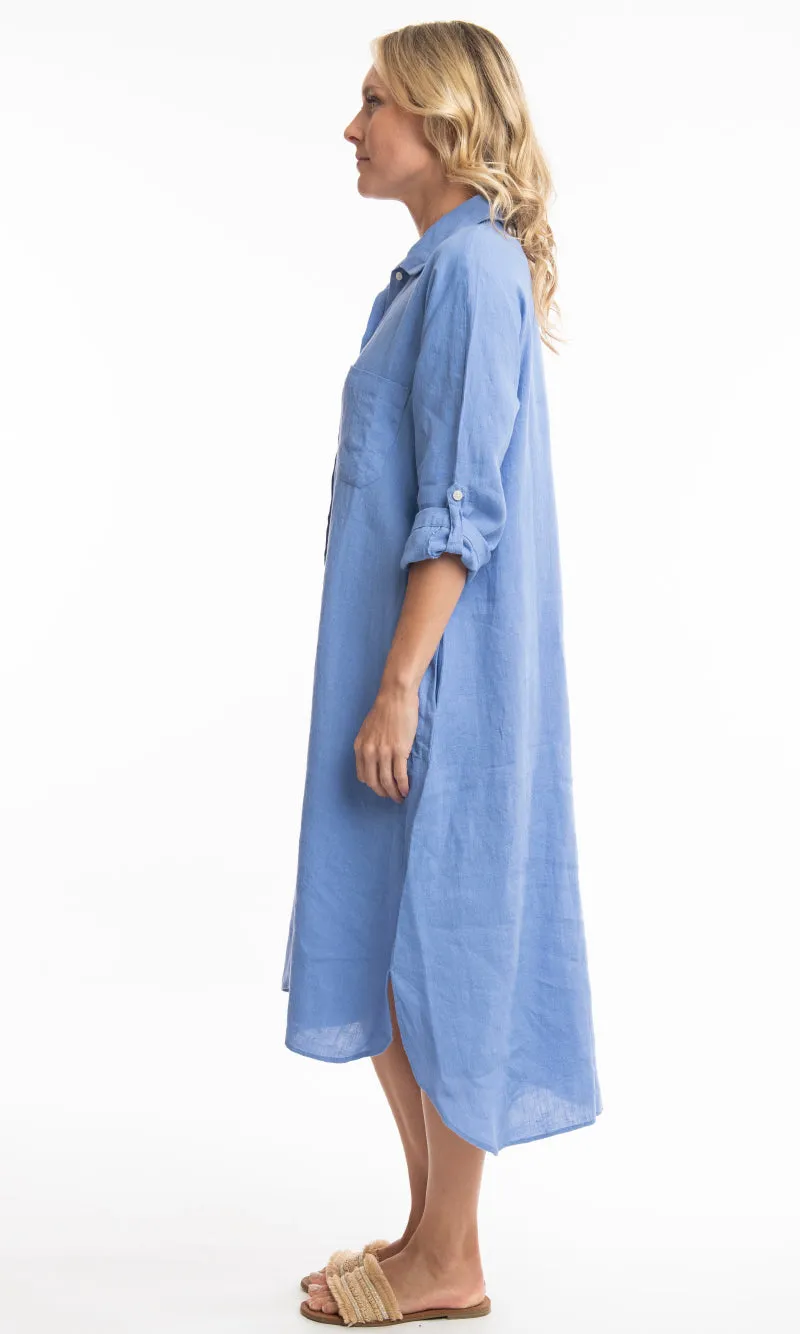 Pure Linen Shirt Dress Solid, More Colours