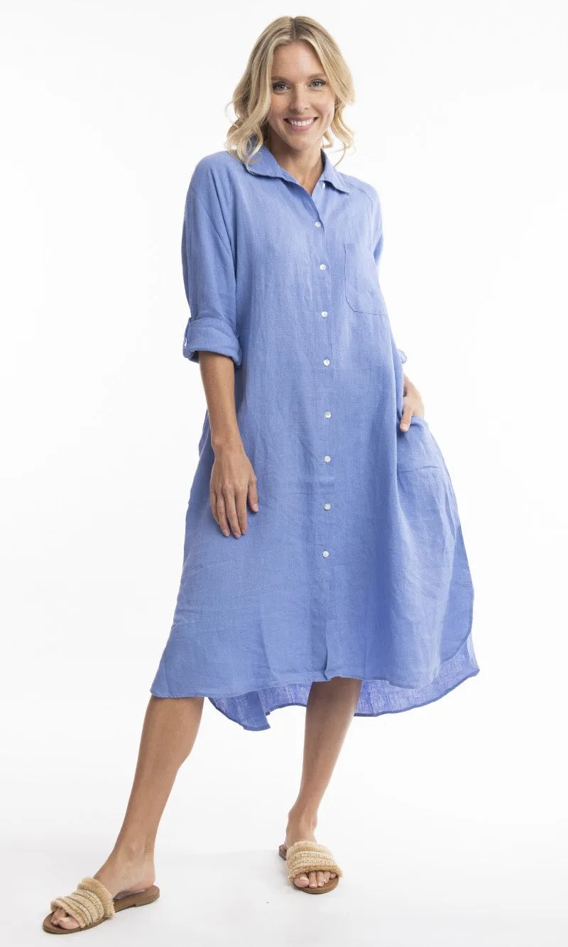 Pure Linen Shirt Dress Solid, More Colours