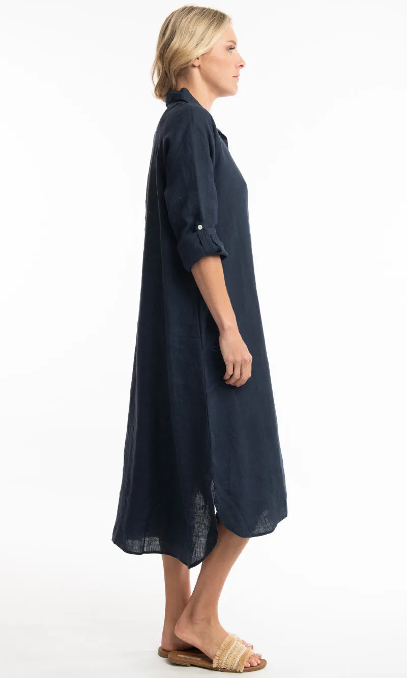 Pure Linen Shirt Dress Solid, More Colours