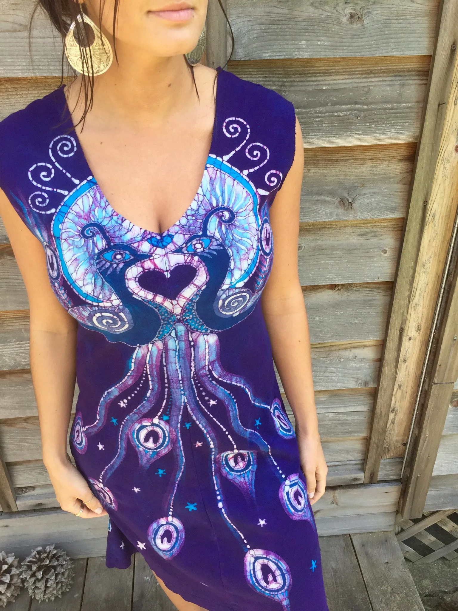 Purple Peacock Lovers Organic Cotton Batik Dress