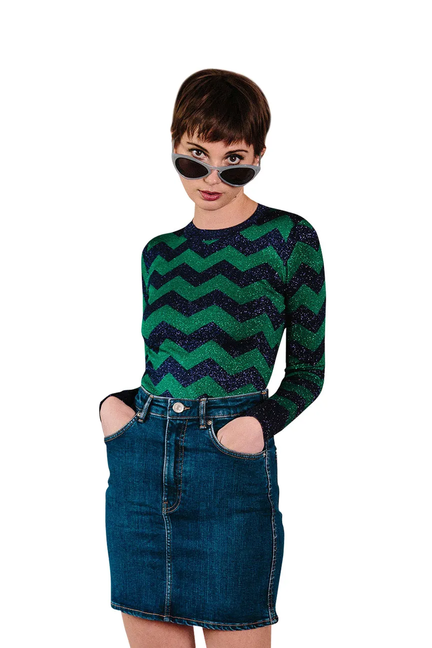 Purple/Emerald Zig Zag Lurex Crew Neck