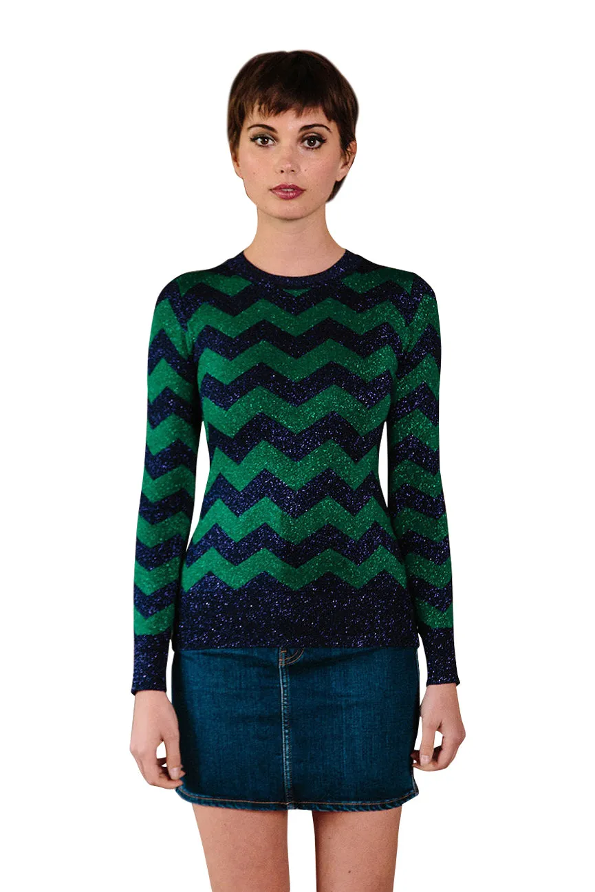 Purple/Emerald Zig Zag Lurex Crew Neck