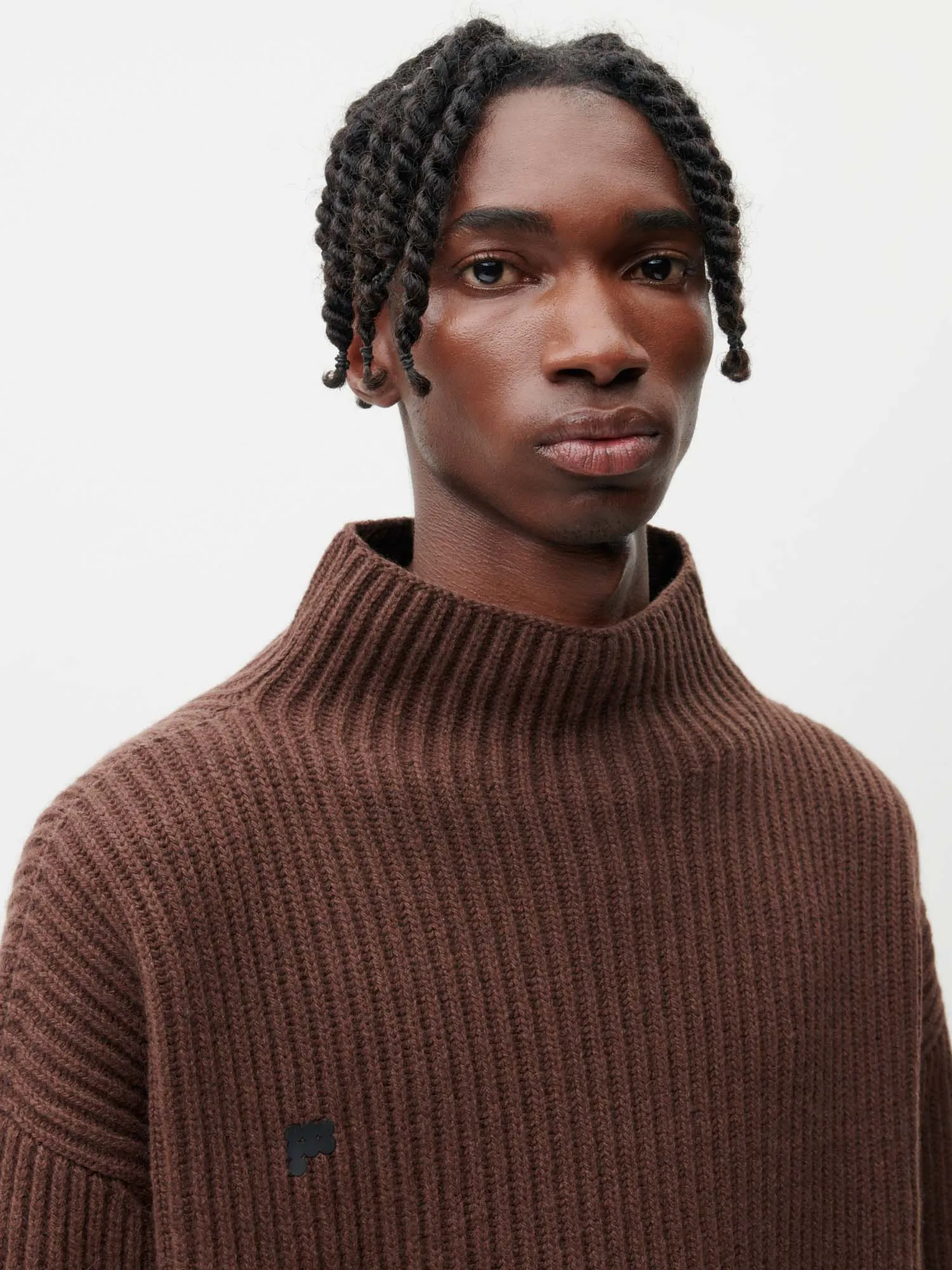 Recycled Cashmere Funnel-Neck Sweater—chestnut brown