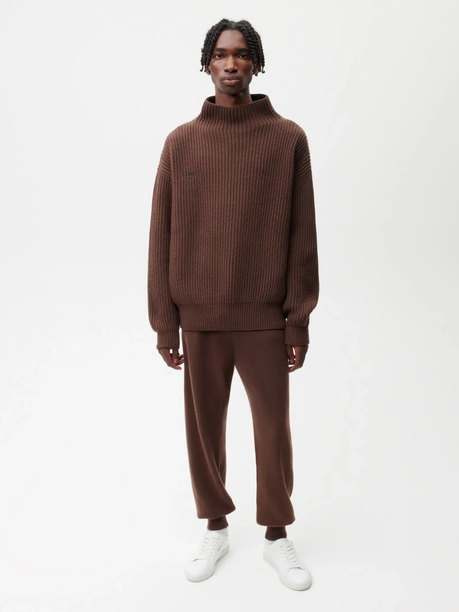 Recycled Cashmere Funnel-Neck Sweater—chestnut brown