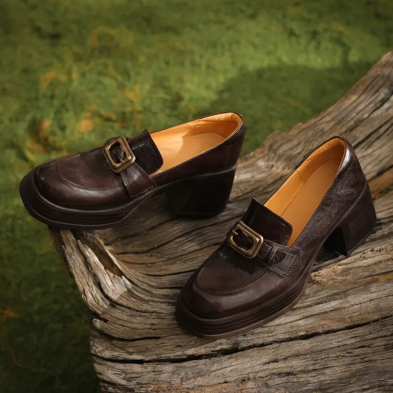 Retro Sheepskin Chunky Loafers With Metal Buckle Details in Coffee/Black