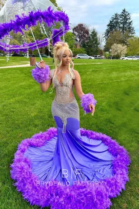 Rhinestones Purple Spandex Knit Feathers Long Train Mermaid Prom Dress