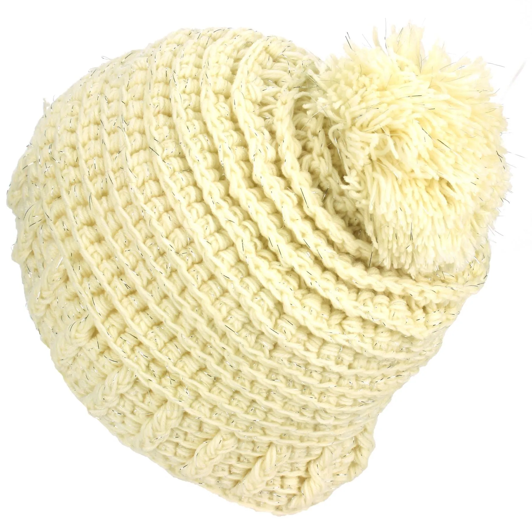 Ribbed Tinsel Bobble Beanie Hat - Cream