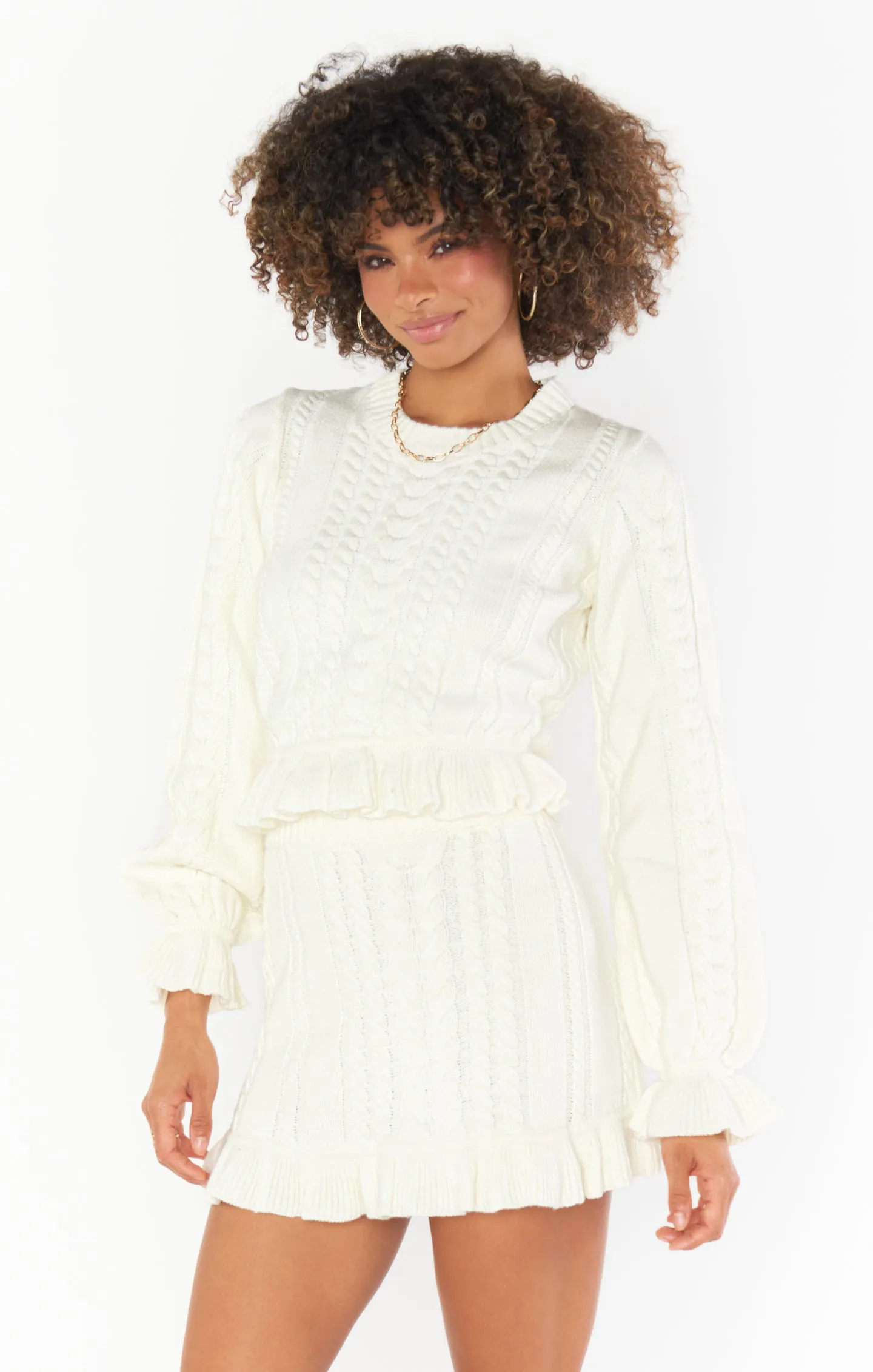 Ridley Ruffle Sweater ~ Cream Cable Knit