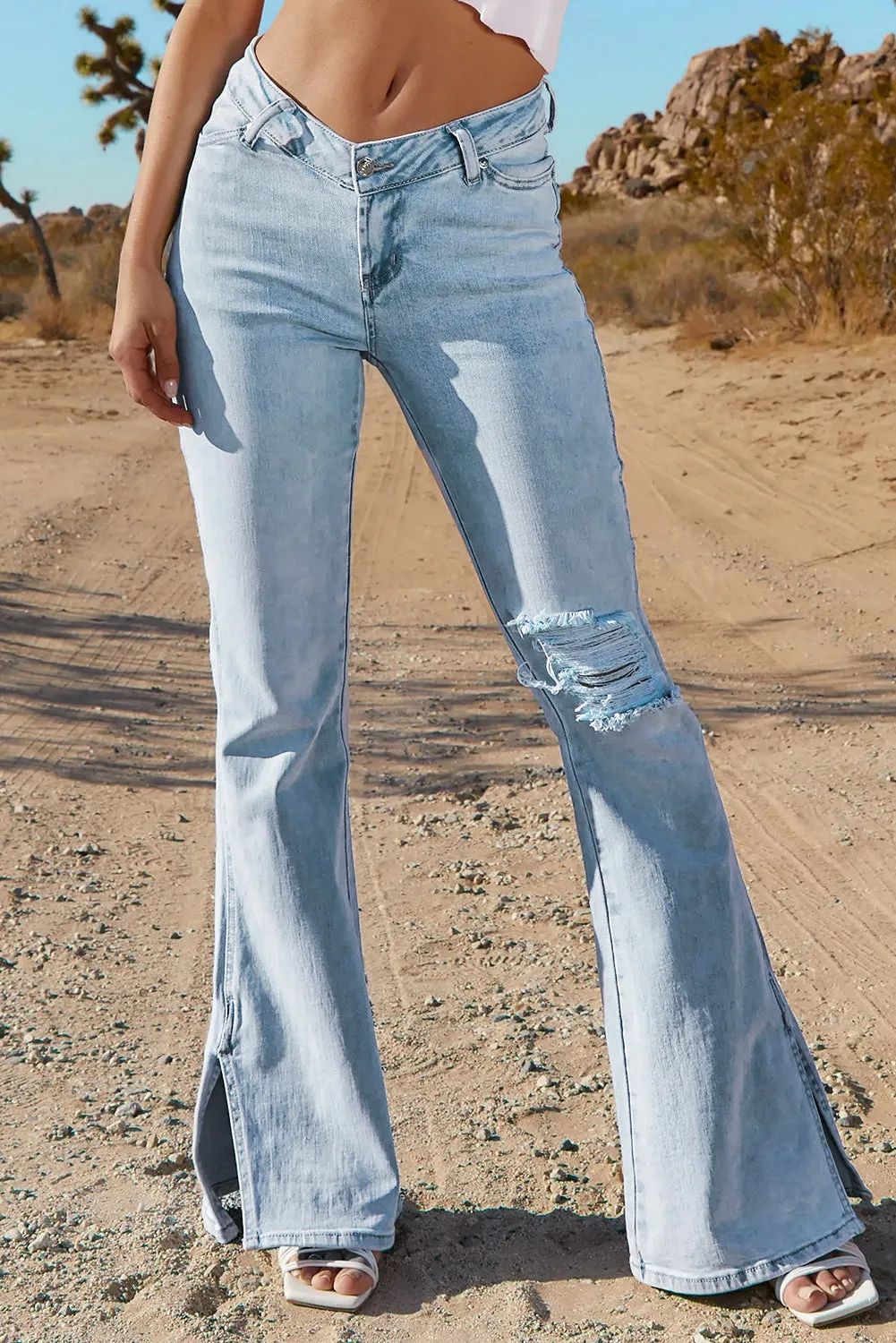 Ripped Slit Legs Flare Jeans