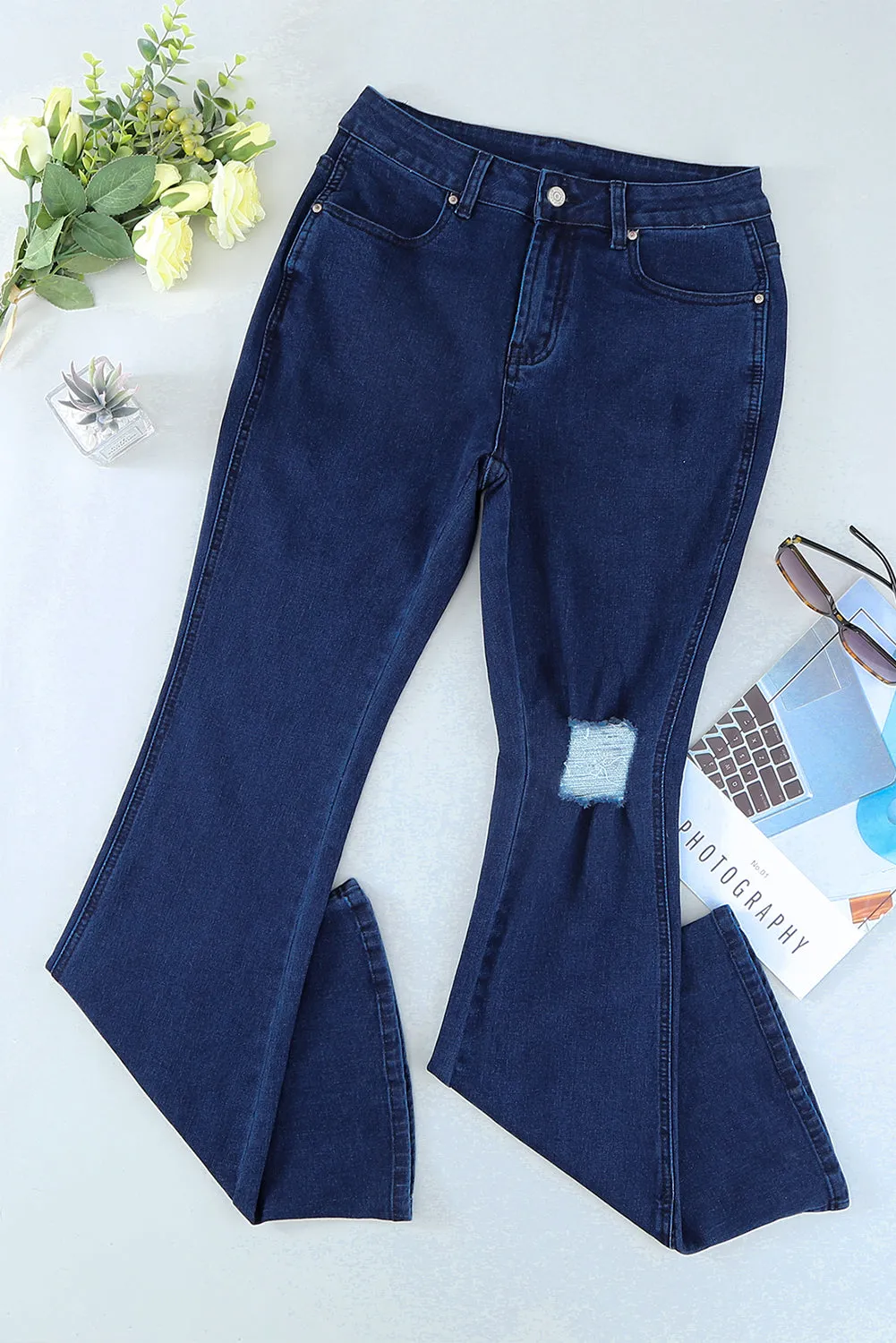 Ripped Slit Legs Flare Jeans