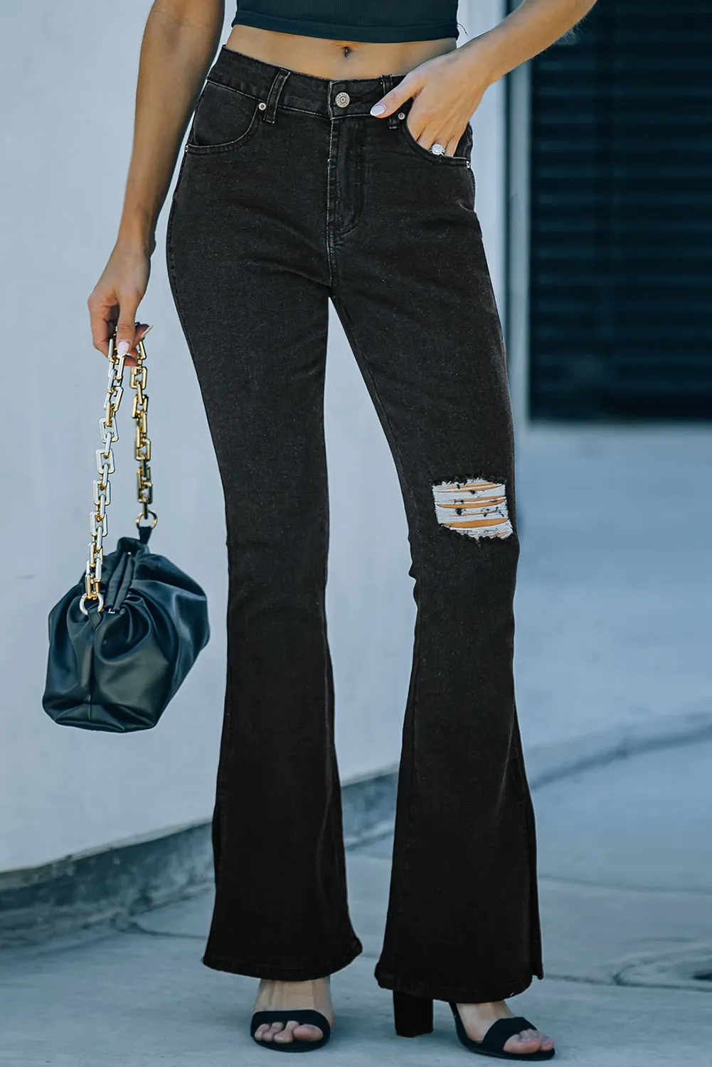 Ripped Slit Legs Flare Jeans