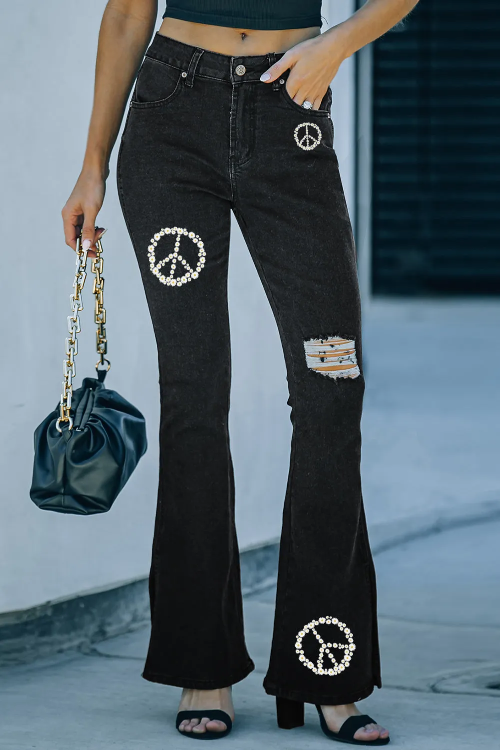 Ripped Slit Legs Flare Jeans