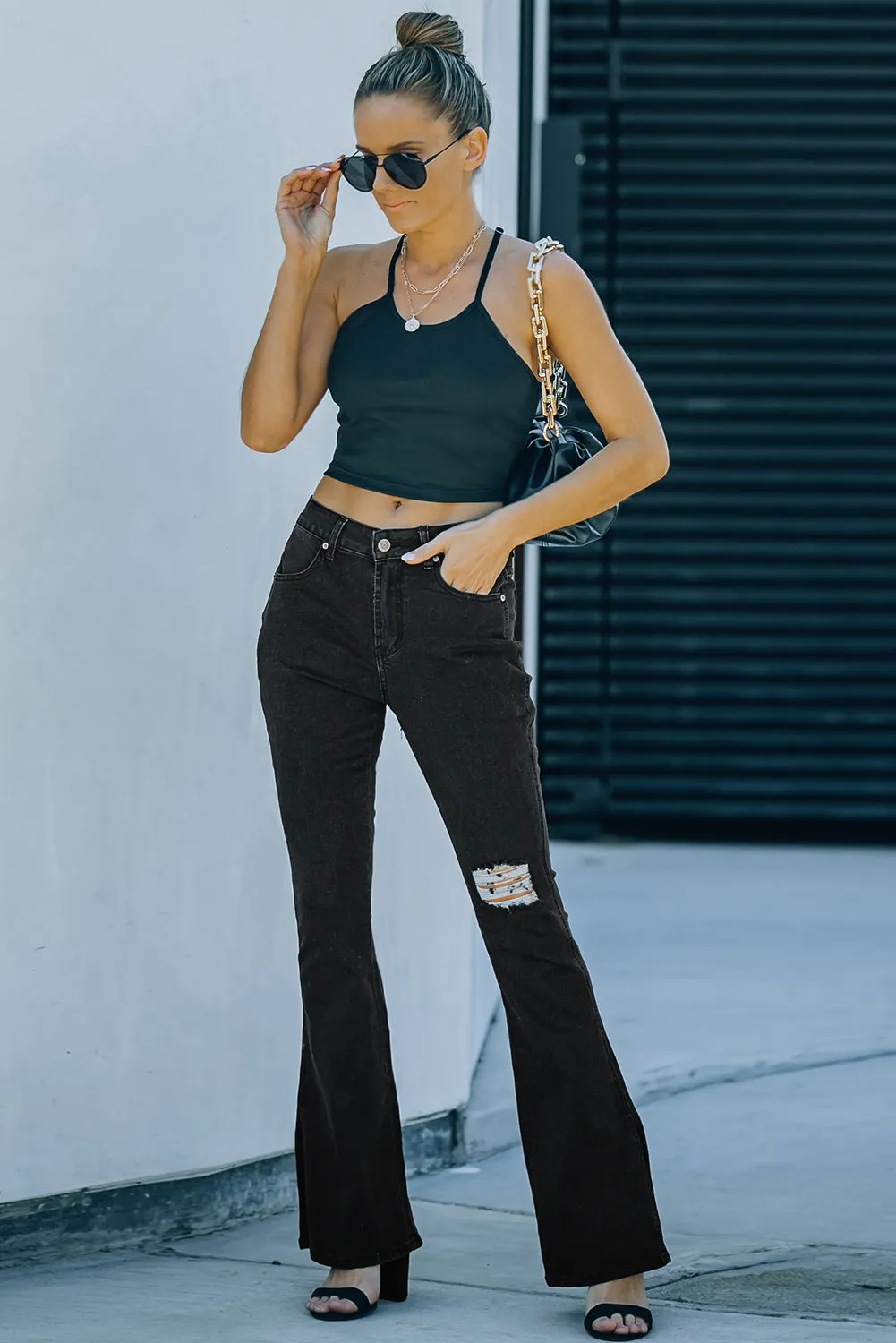 Ripped Slit Legs Flare Jeans