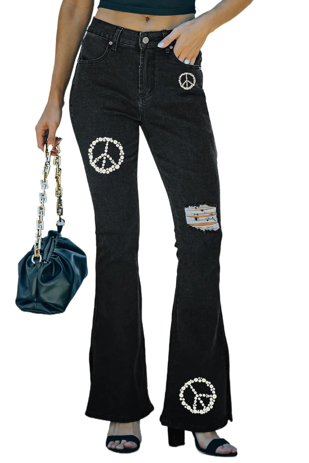 Ripped Slit Legs Flare Jeans