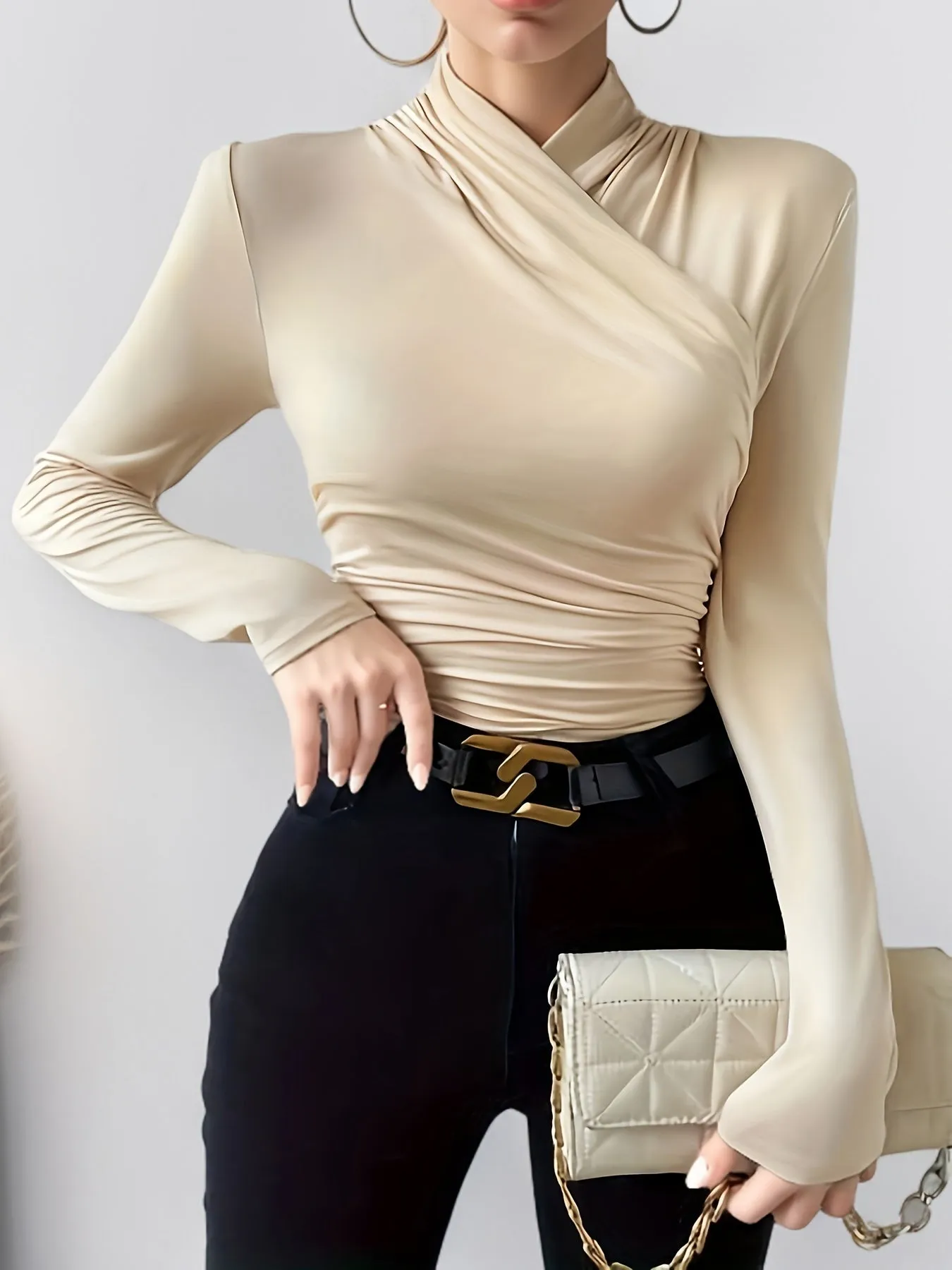 Ruched Surplice Neck Long Sleeve Top for Women