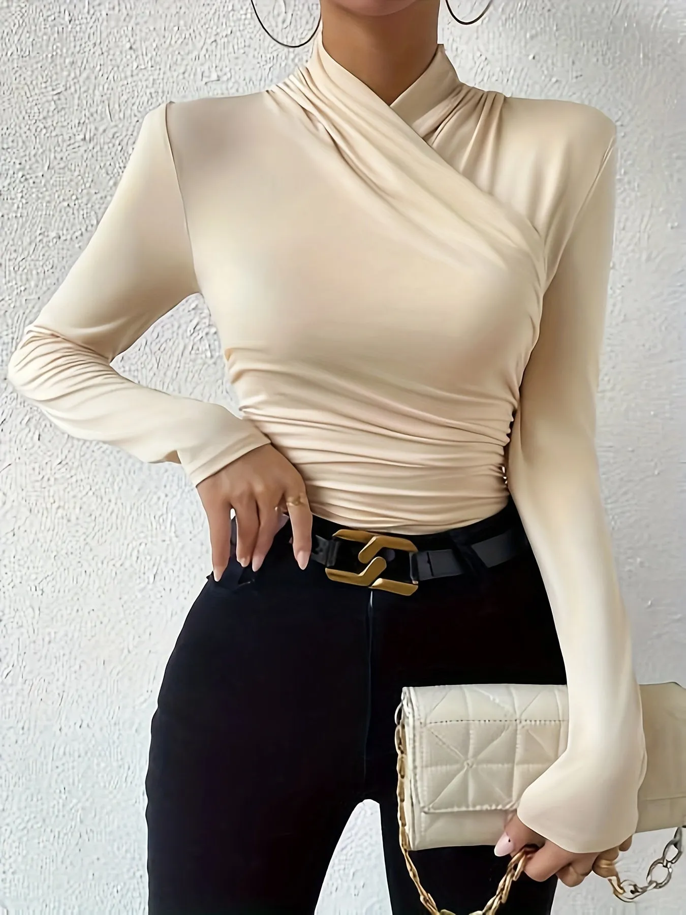 Ruched Surplice Neck Long Sleeve Top for Women