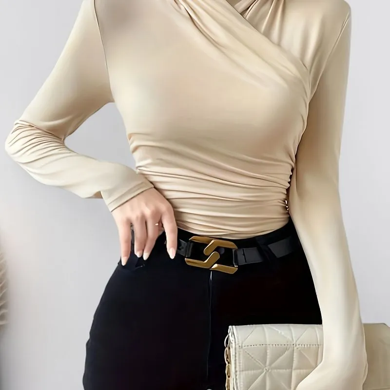 Ruched Surplice Neck Long Sleeve Top for Women