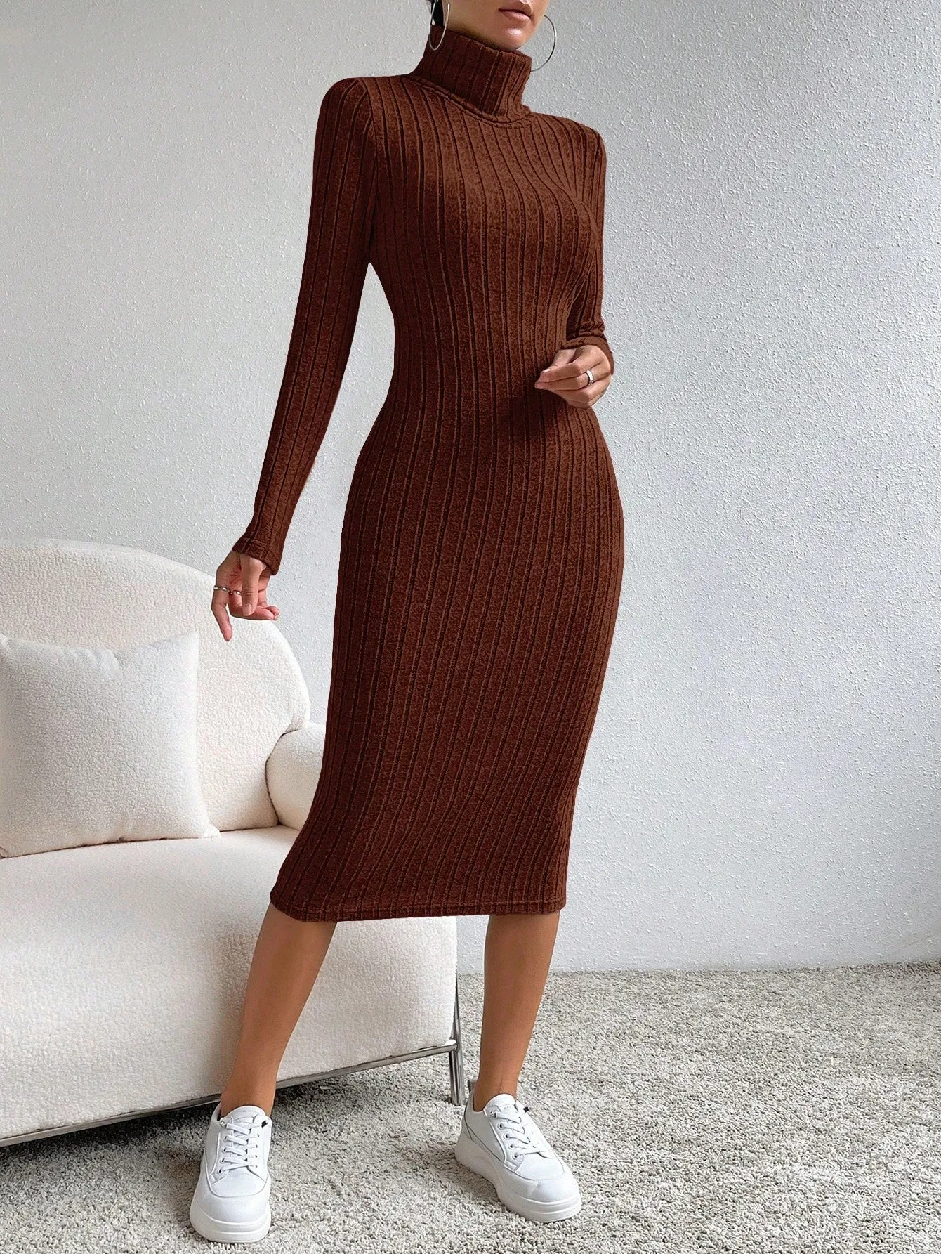 SHEIN Essnce High Neck Ribbed Knit Bodycon Dress