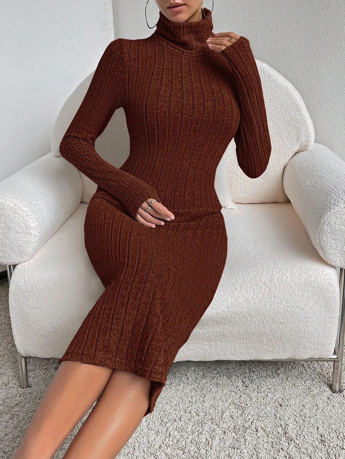 SHEIN Essnce High Neck Ribbed Knit Bodycon Dress