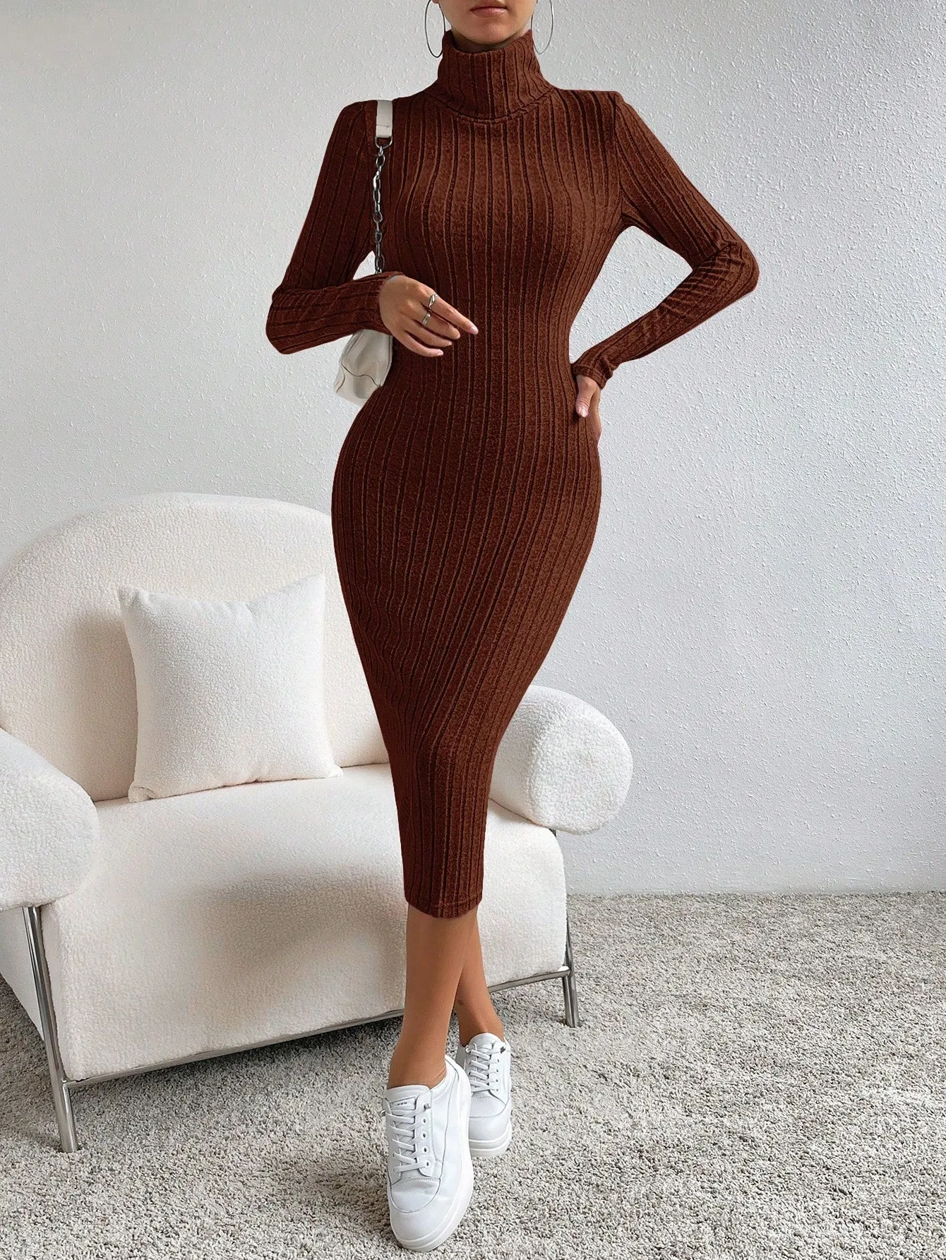 SHEIN Essnce High Neck Ribbed Knit Bodycon Dress