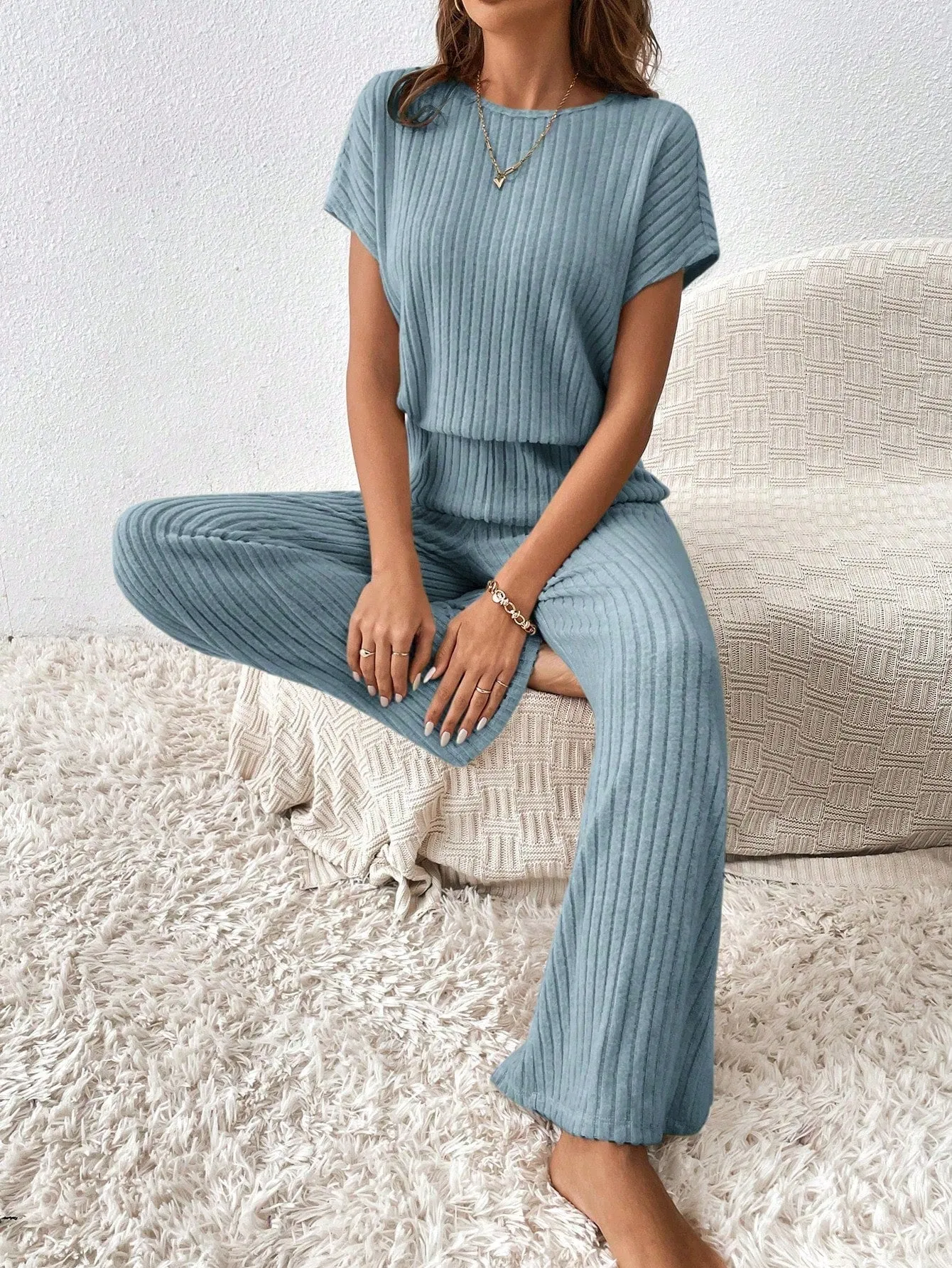 SHEIN Essnce Solid Ribbed Knit Batwing Sleeve Jumpsuit