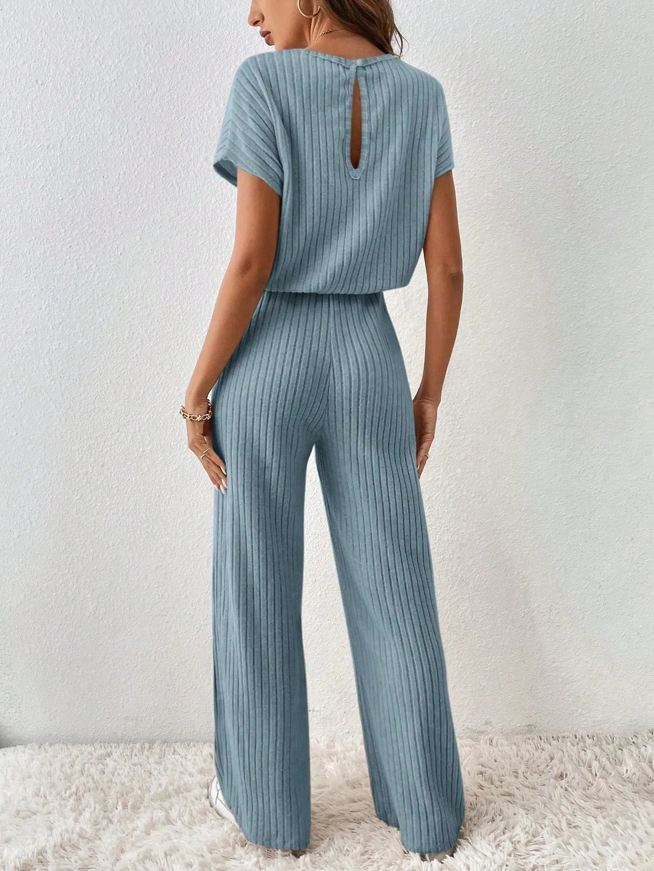 SHEIN Essnce Solid Ribbed Knit Batwing Sleeve Jumpsuit