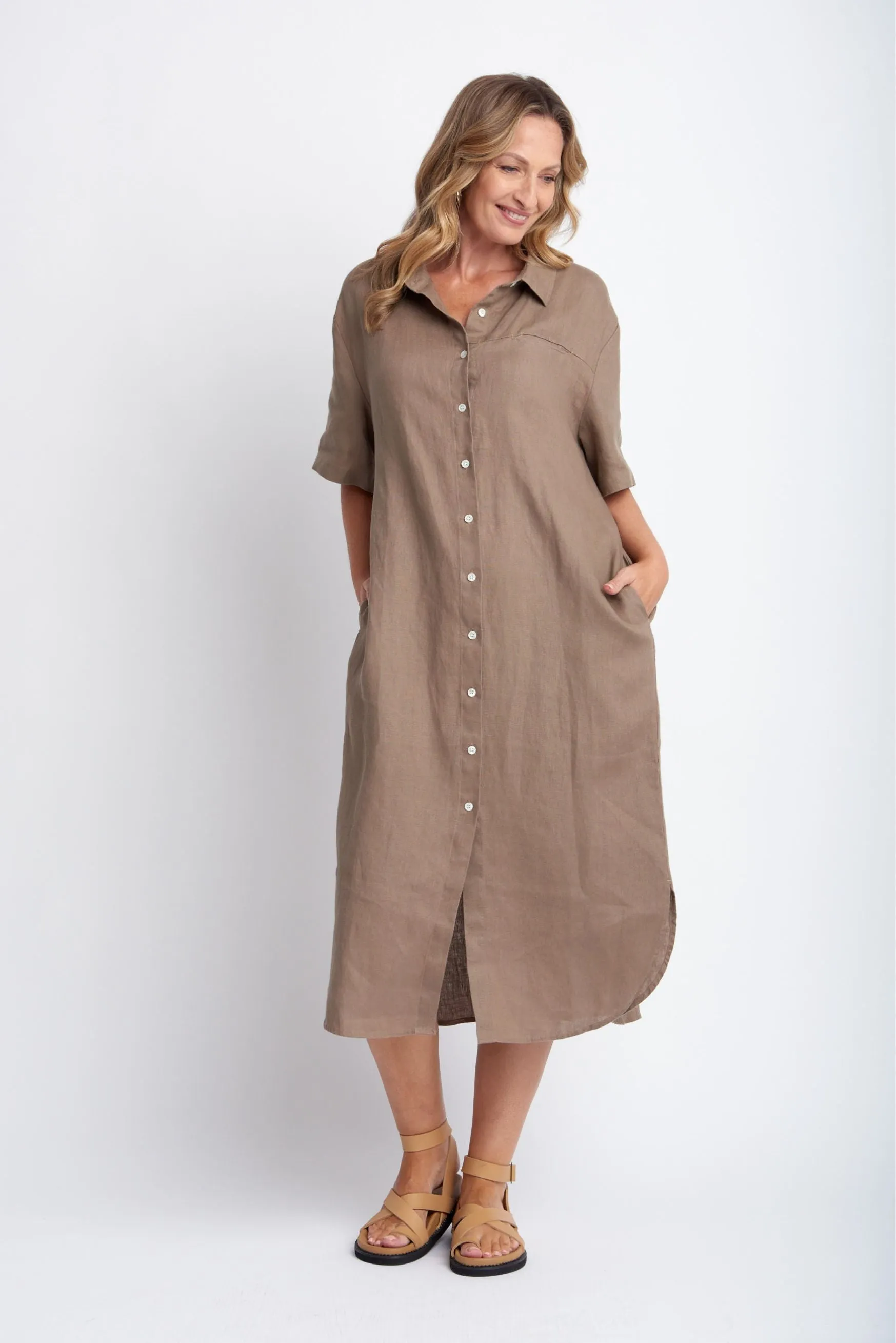 Short Sleeve Linen Shirt Dress With Belt Tobacco