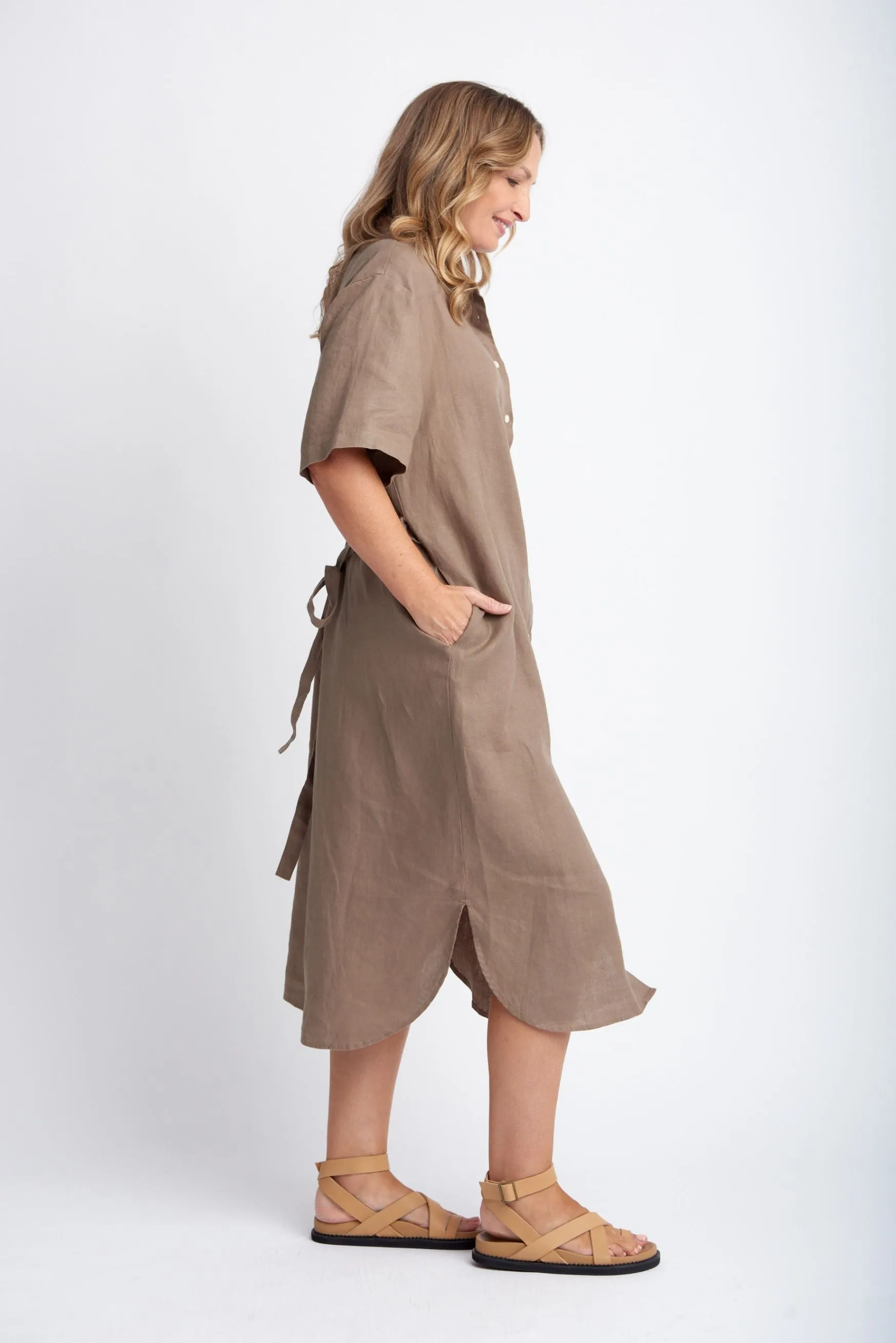 Short Sleeve Linen Shirt Dress With Belt Tobacco