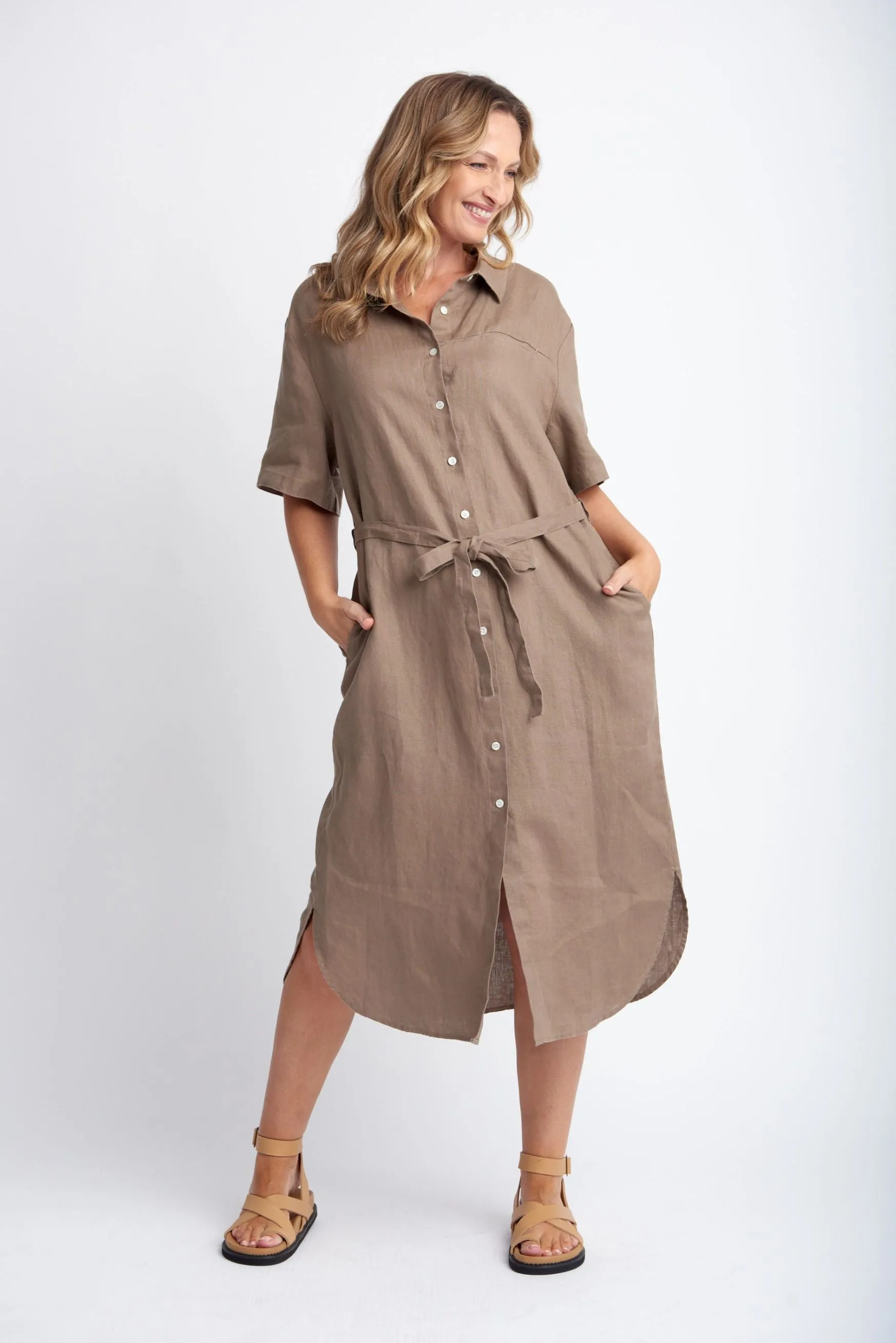 Short Sleeve Linen Shirt Dress With Belt Tobacco