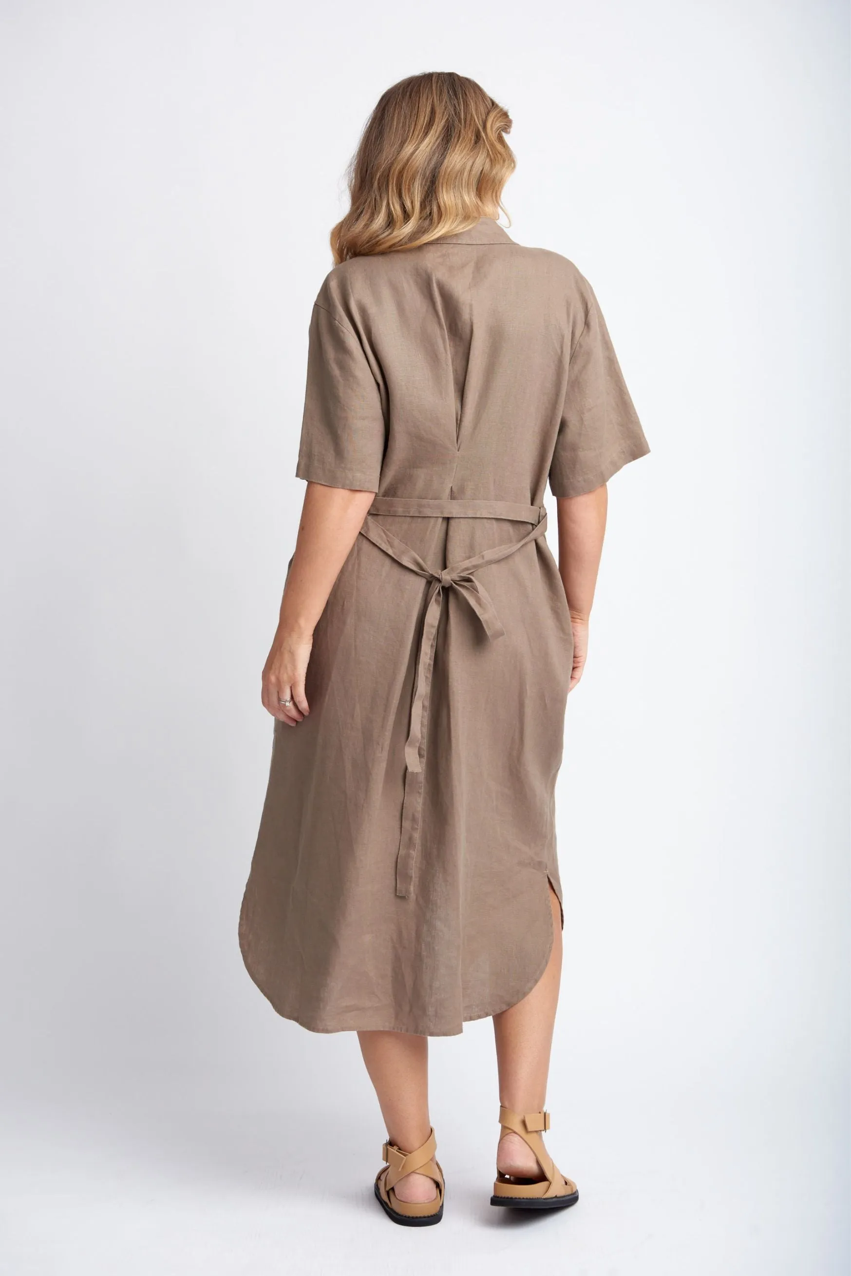 Short Sleeve Linen Shirt Dress With Belt Tobacco