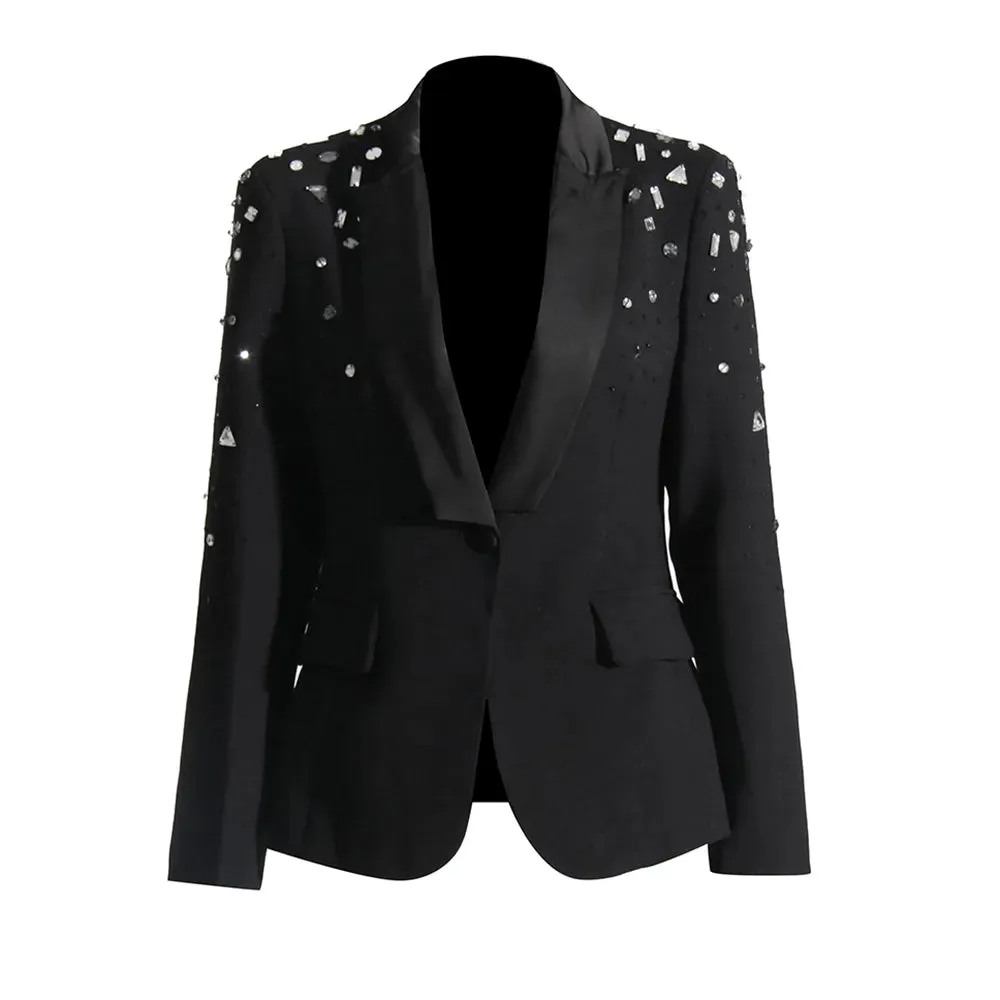 Slim Temperament Blazers For Women Notched Collar Long Sleeve Spliced  Diamonds Autumn Blazer Female Fashion