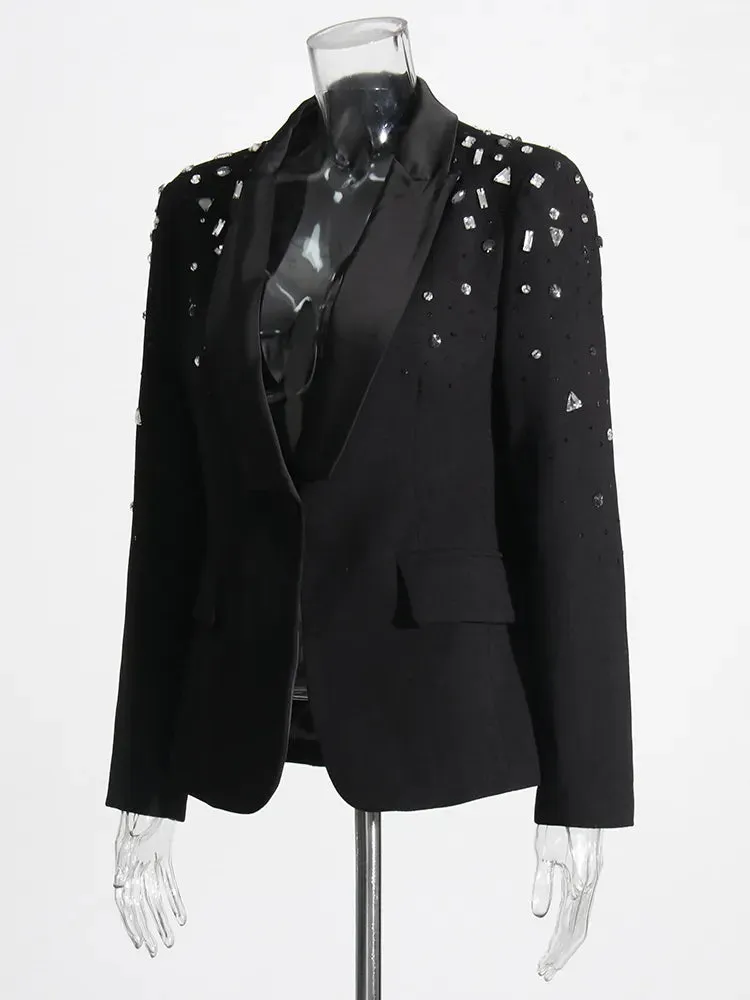 Slim Temperament Blazers For Women Notched Collar Long Sleeve Spliced  Diamonds Autumn Blazer Female Fashion