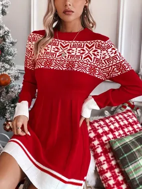 Snowflake Pattern Long Sleeve Knit Dress, Elegant Crew Neck Slim Dress For Fall & Winter, Women's Clothing