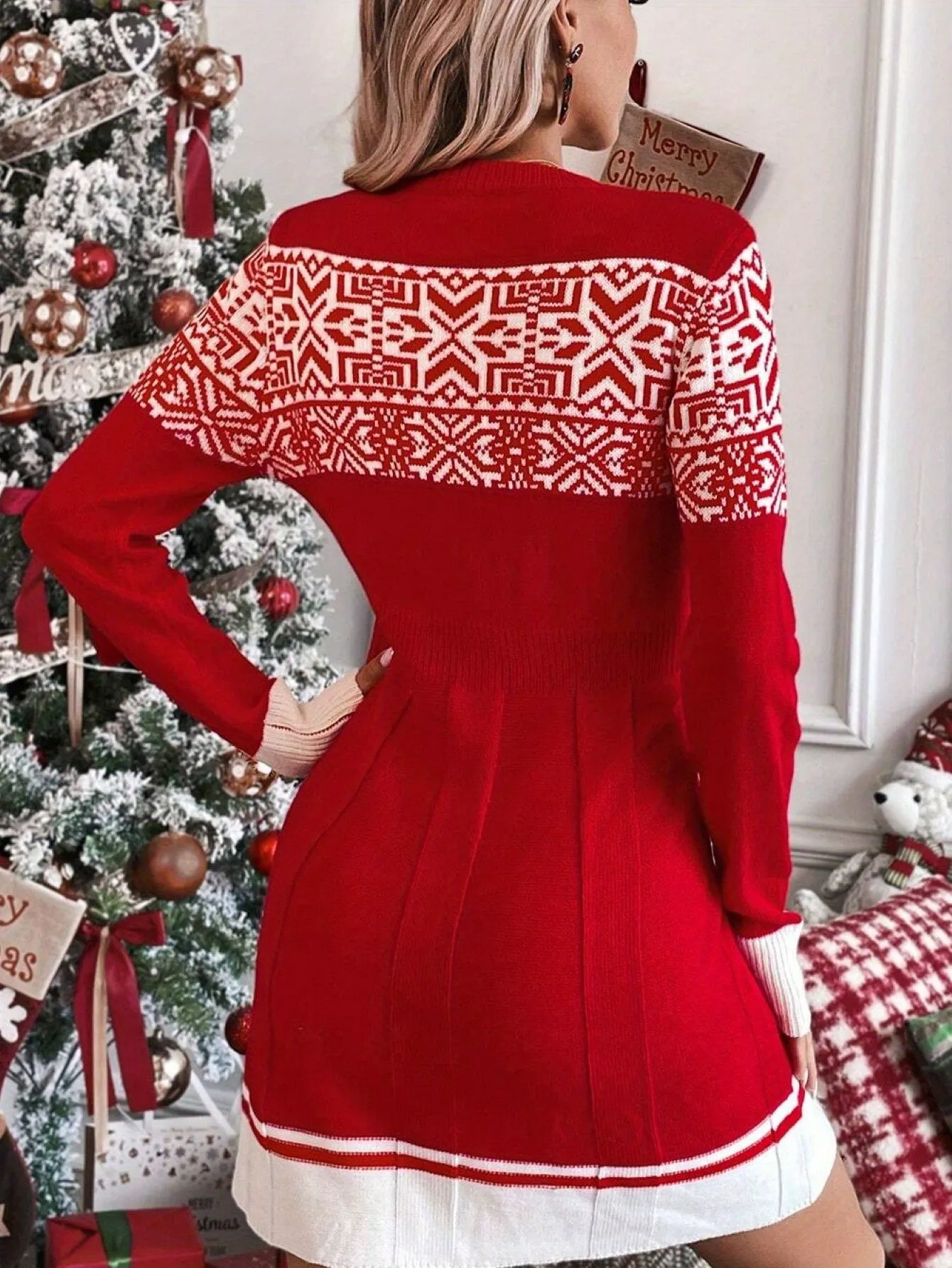 Snowflake Pattern Long Sleeve Knit Dress, Elegant Crew Neck Slim Dress For Fall & Winter, Women's Clothing