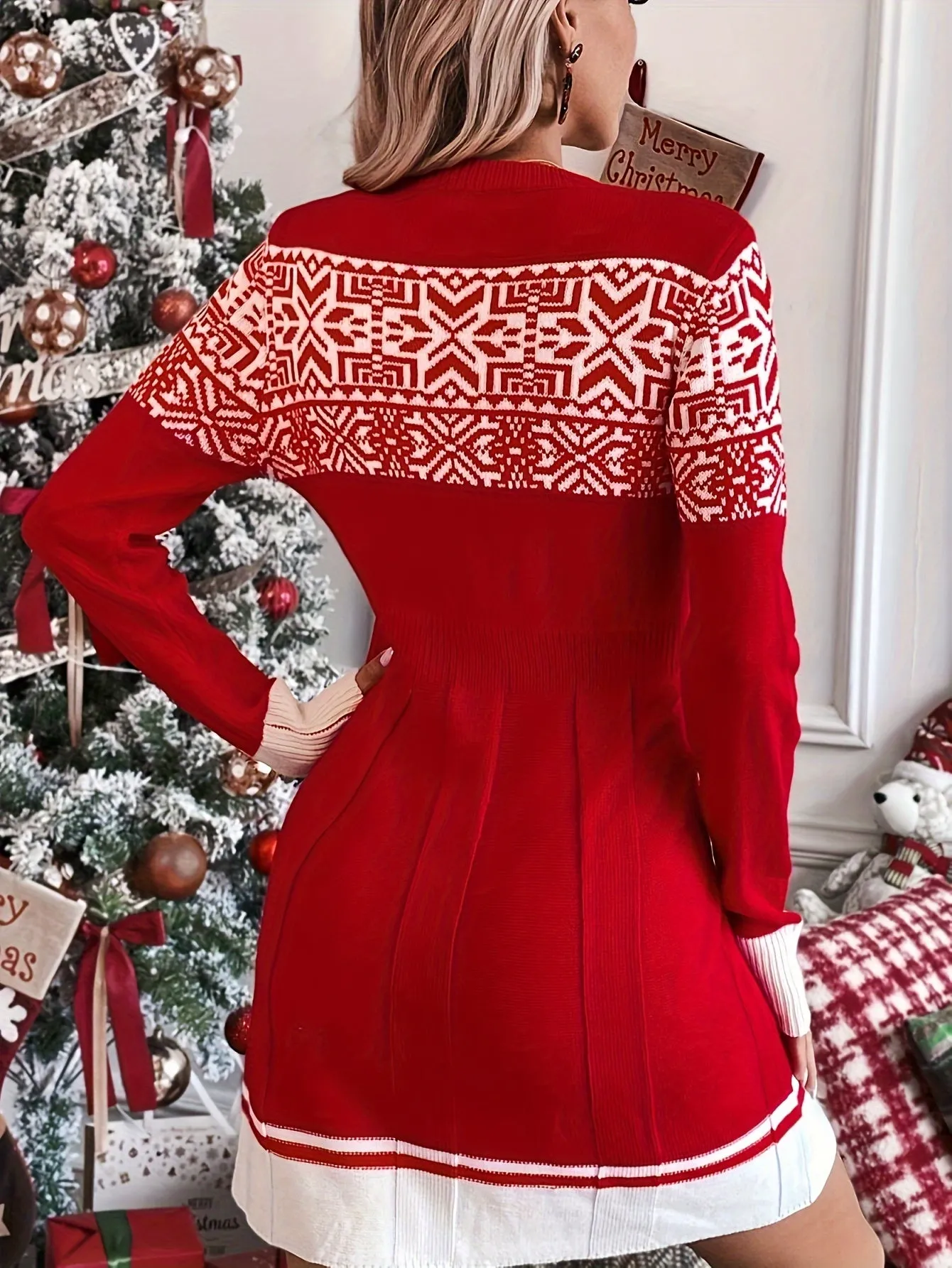 Snowflake Pattern Long Sleeve Knit Dress, Elegant Crew Neck Slim Dress For Fall & Winter, Women's Clothing