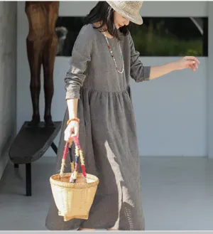 Soft Gray Linen Dresses Summer long SpringWomen Linen Dress  9923