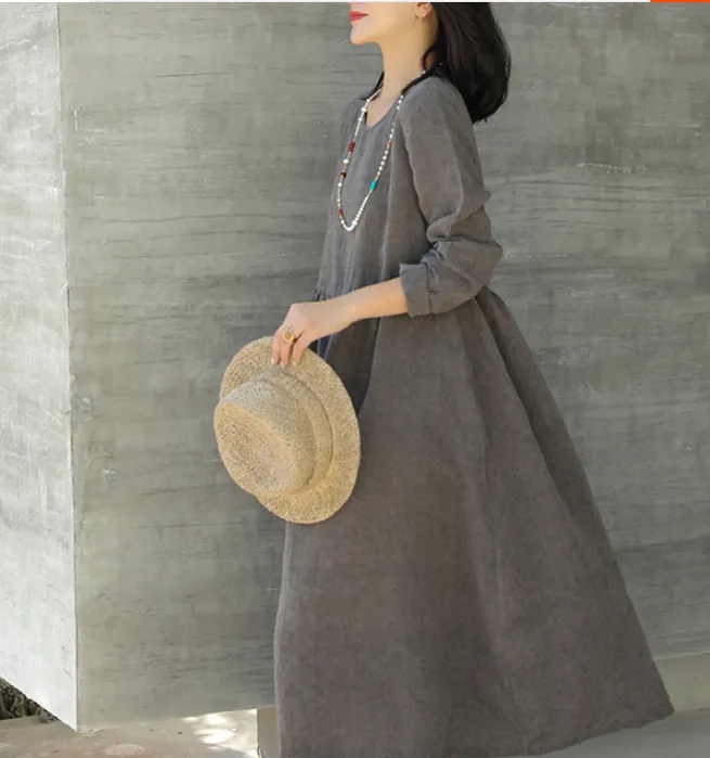 Soft Gray Linen Dresses Summer long SpringWomen Linen Dress  9923