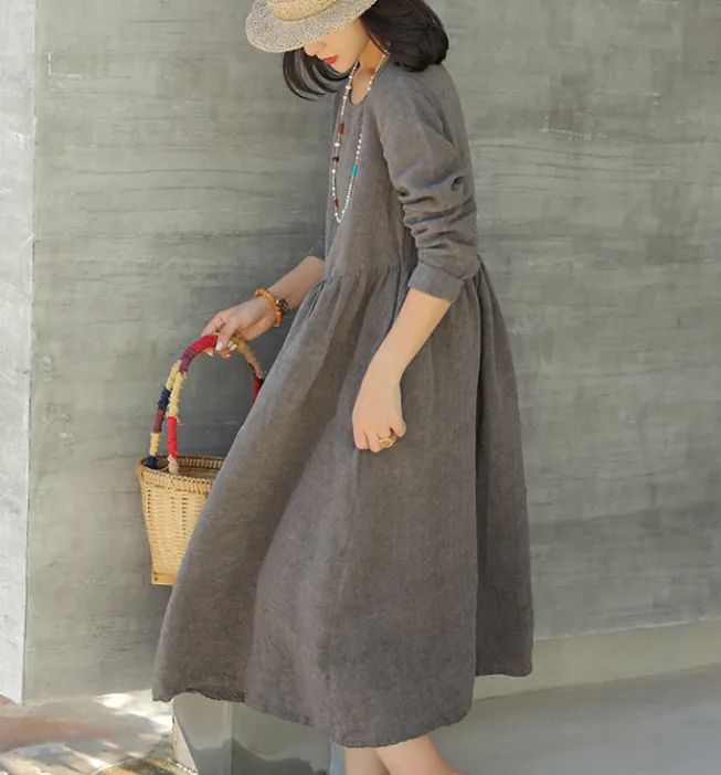 Soft Gray Linen Dresses Summer long SpringWomen Linen Dress  9923