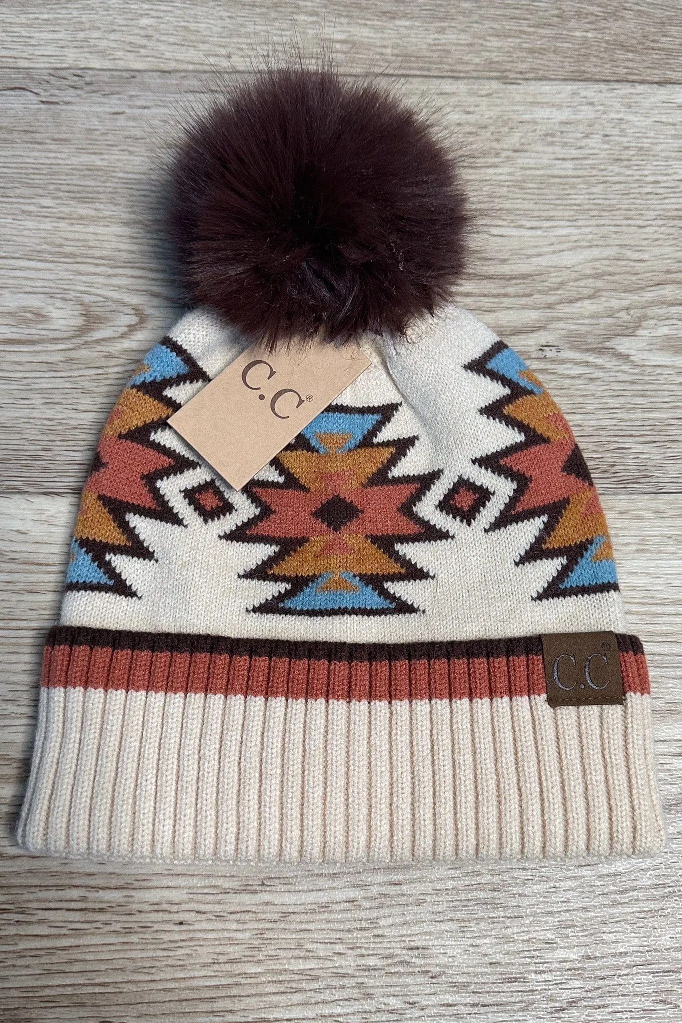 Southwest Pattern Pom Beanie - Beige