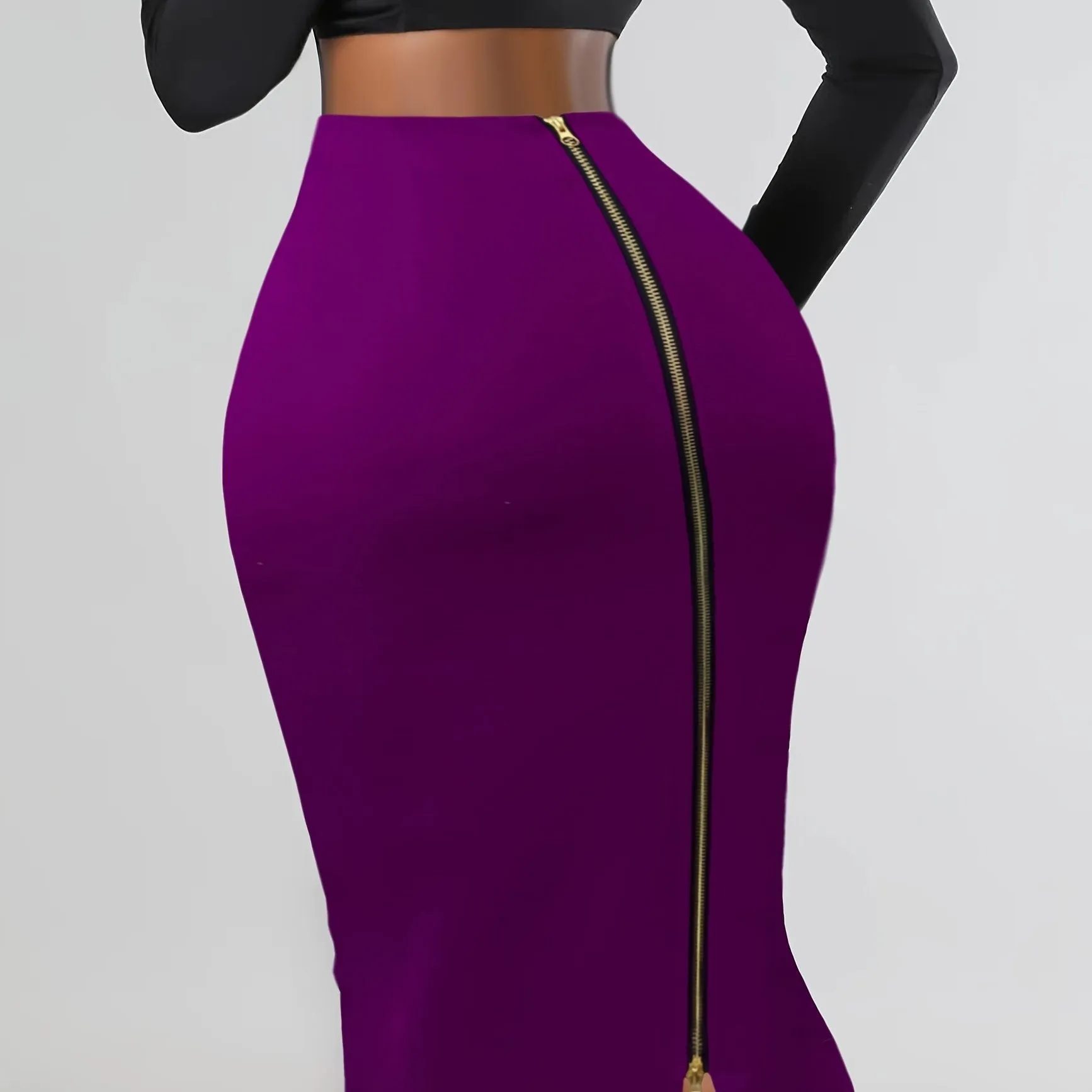 Spring-to-Fall Chic: Elegant Bodycon Knit Skirt with Zipper, Versatile & Easy-Care