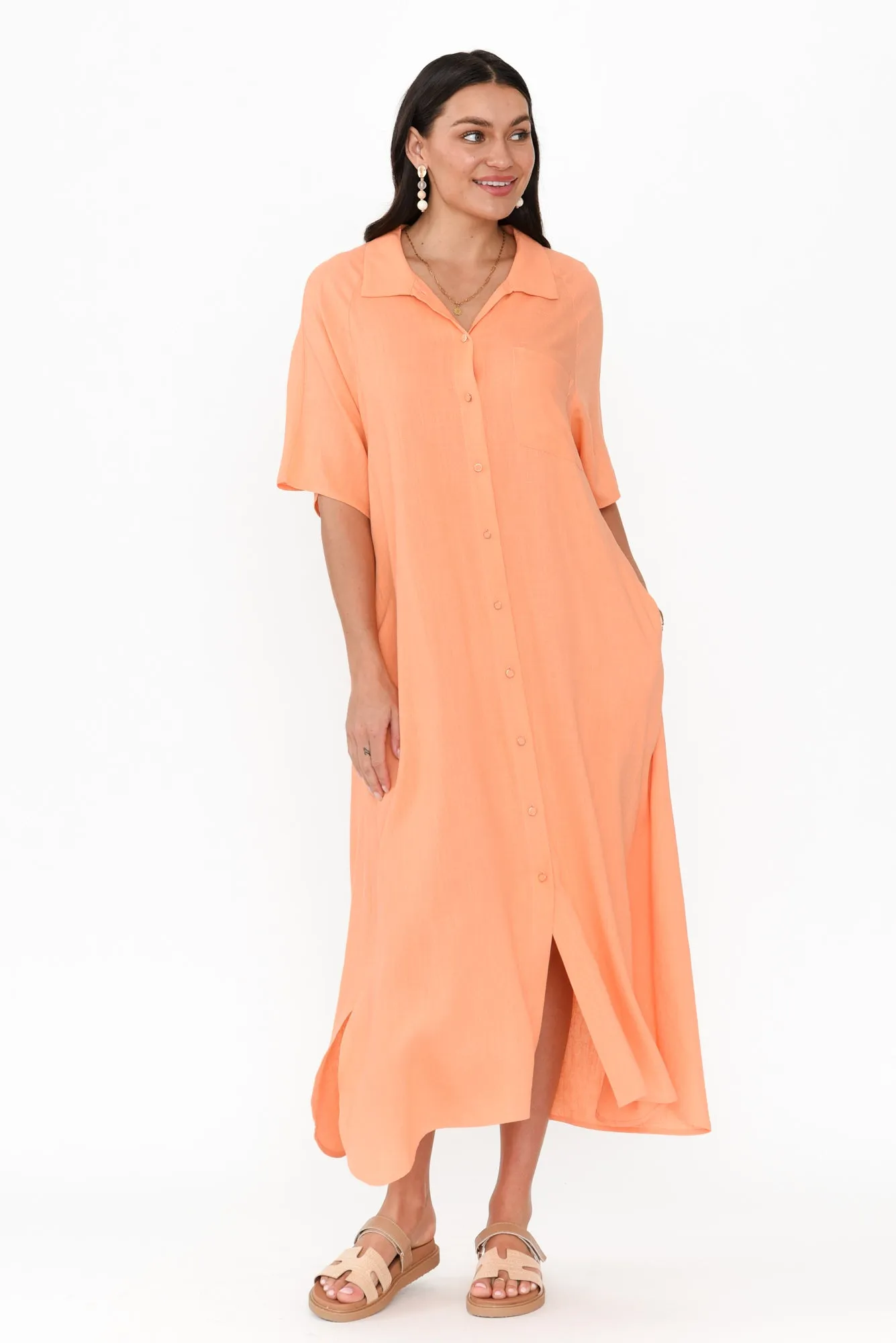 Statues Apricot Linen Blend Shirt Dress